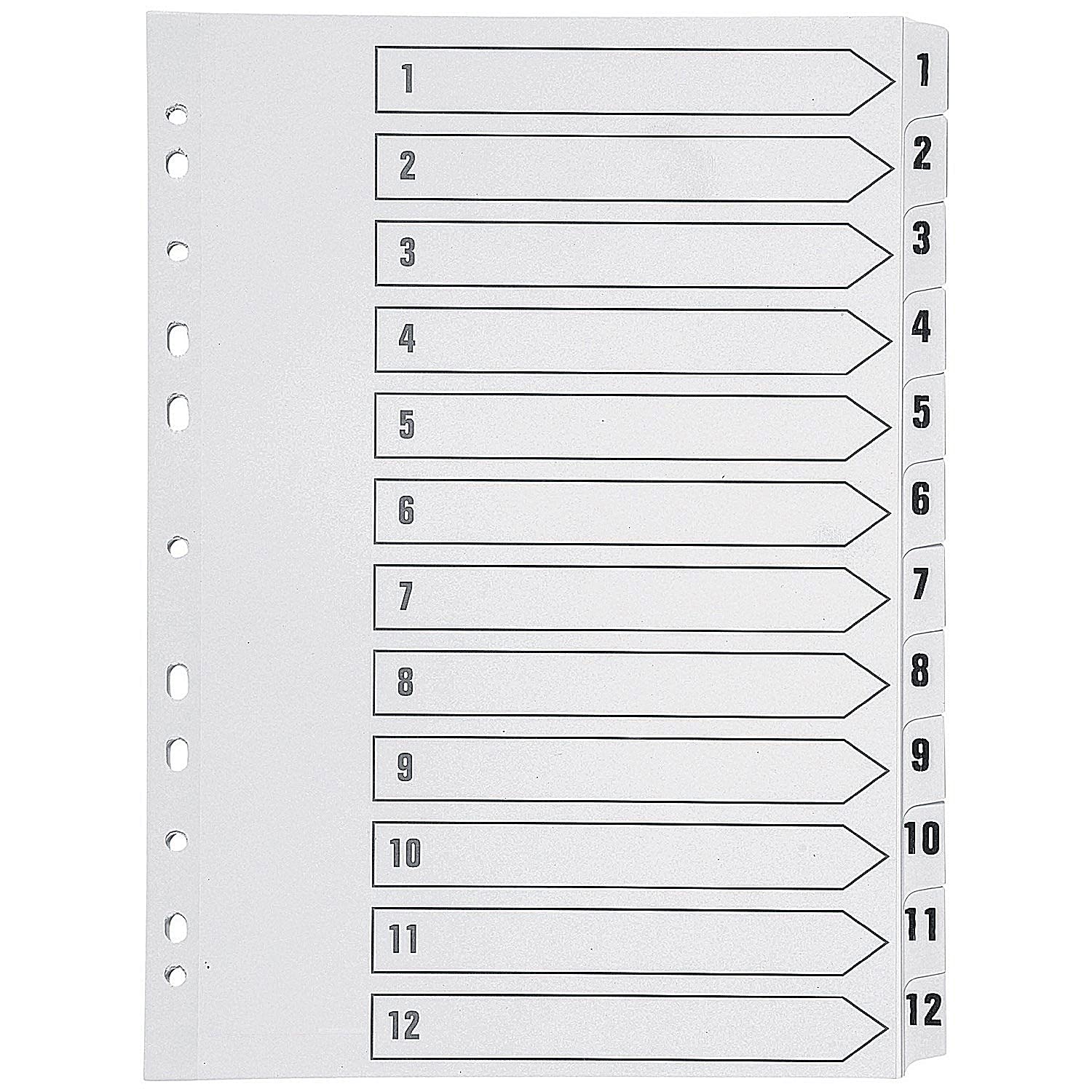 Q-Connect KF01529 Index Divider - 12 Part Numbered Tabs, A4, White Board, Clear Mylar Reinforced