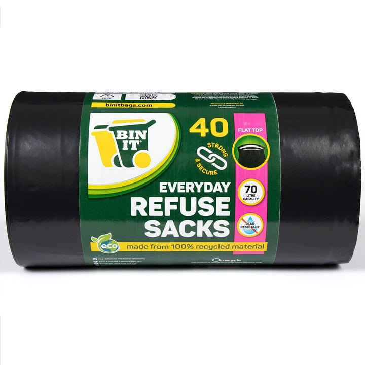 BIN IT 40 Everyday 70L Strong & Secure Bin Liners, 100% Recycled LDPE, 30 μm, Flat Top, Tear Resistant, Leak Resistant, Made in Britain