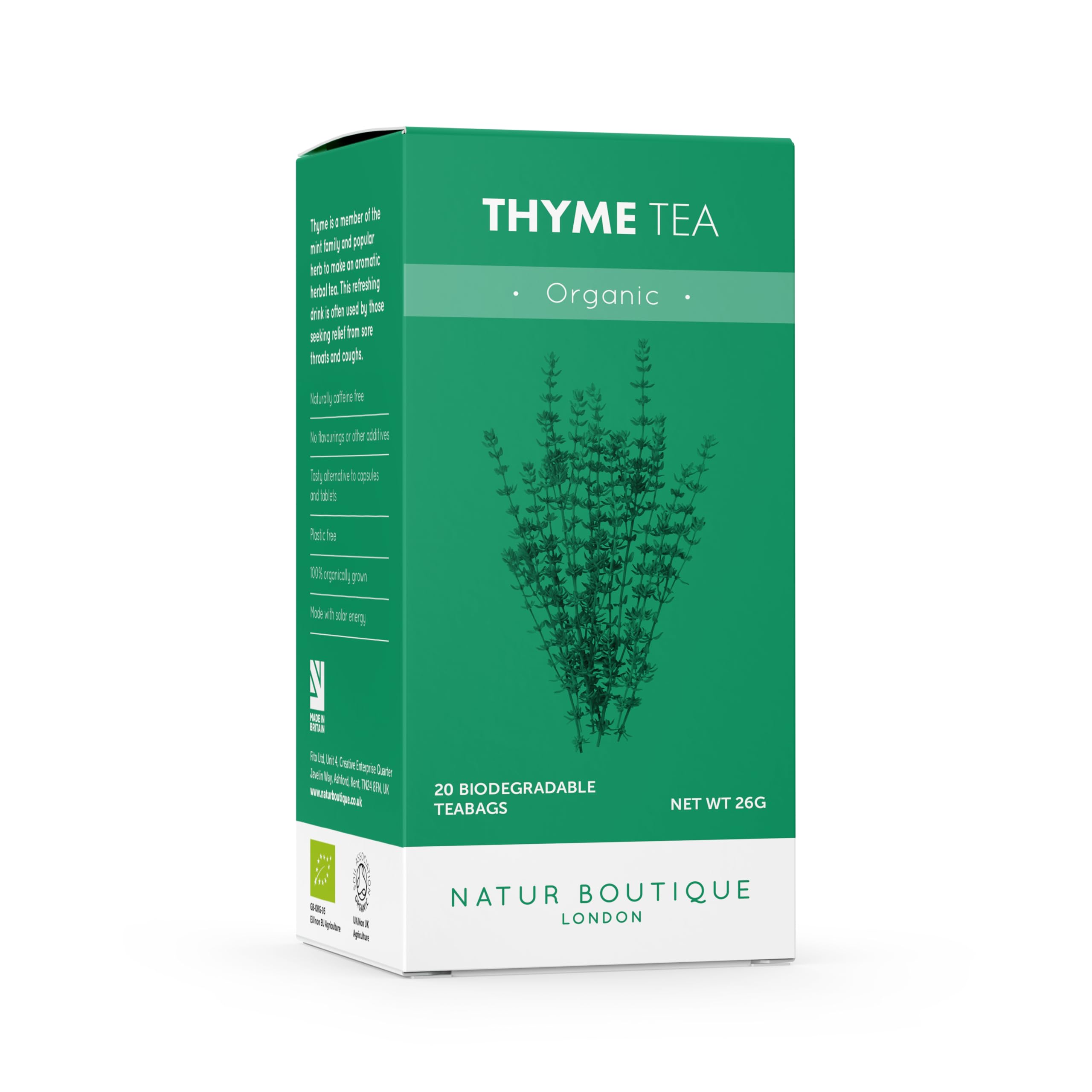 Natur Boutique Organic Thyme Herbal Tea - 20 Teabags | Naturally Caffeine Free | Supports Respiratory Health
