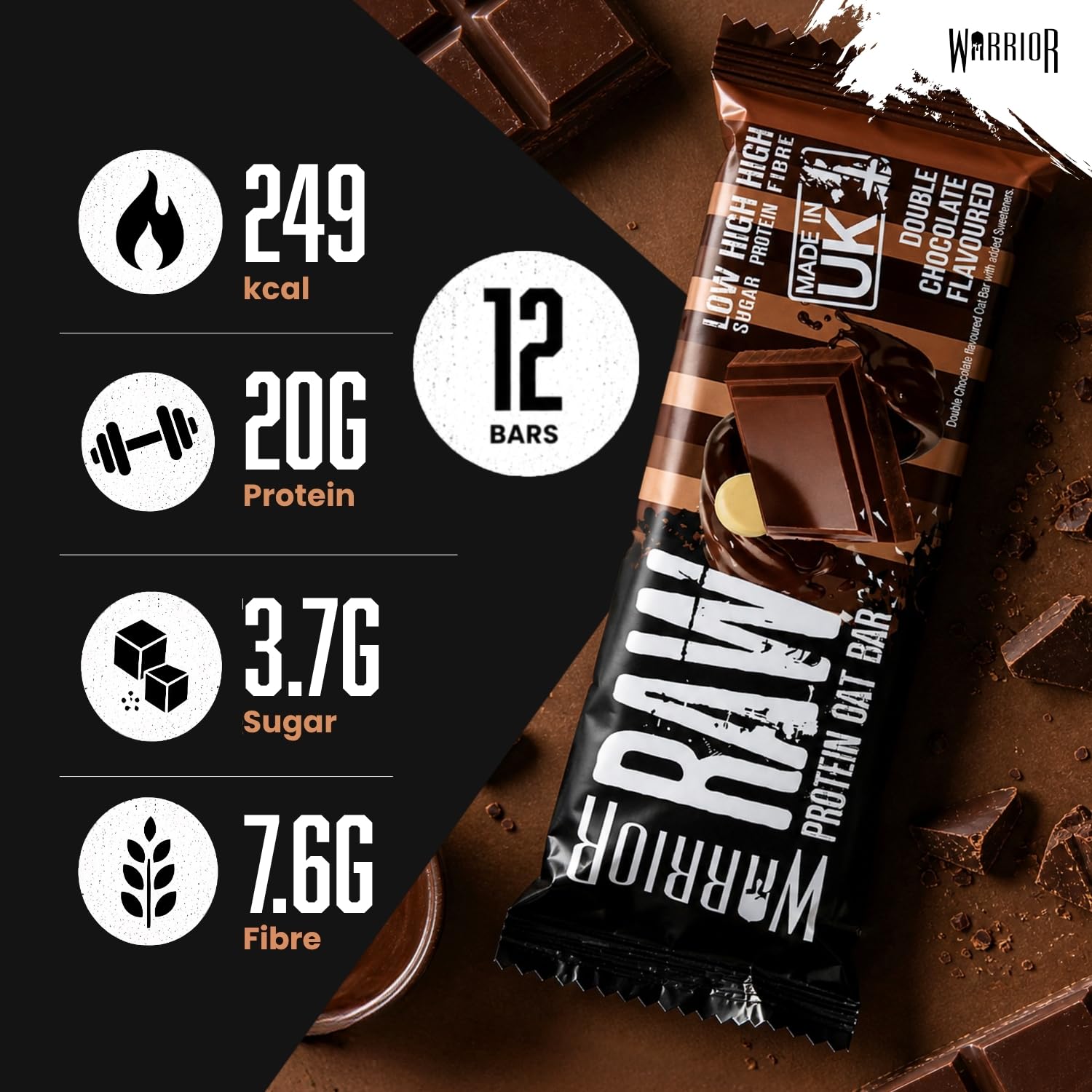 Warrior RAW Protein Bars - 20g High Protein, Low Sugar | Double Chocolate | 12 x 75g Pack