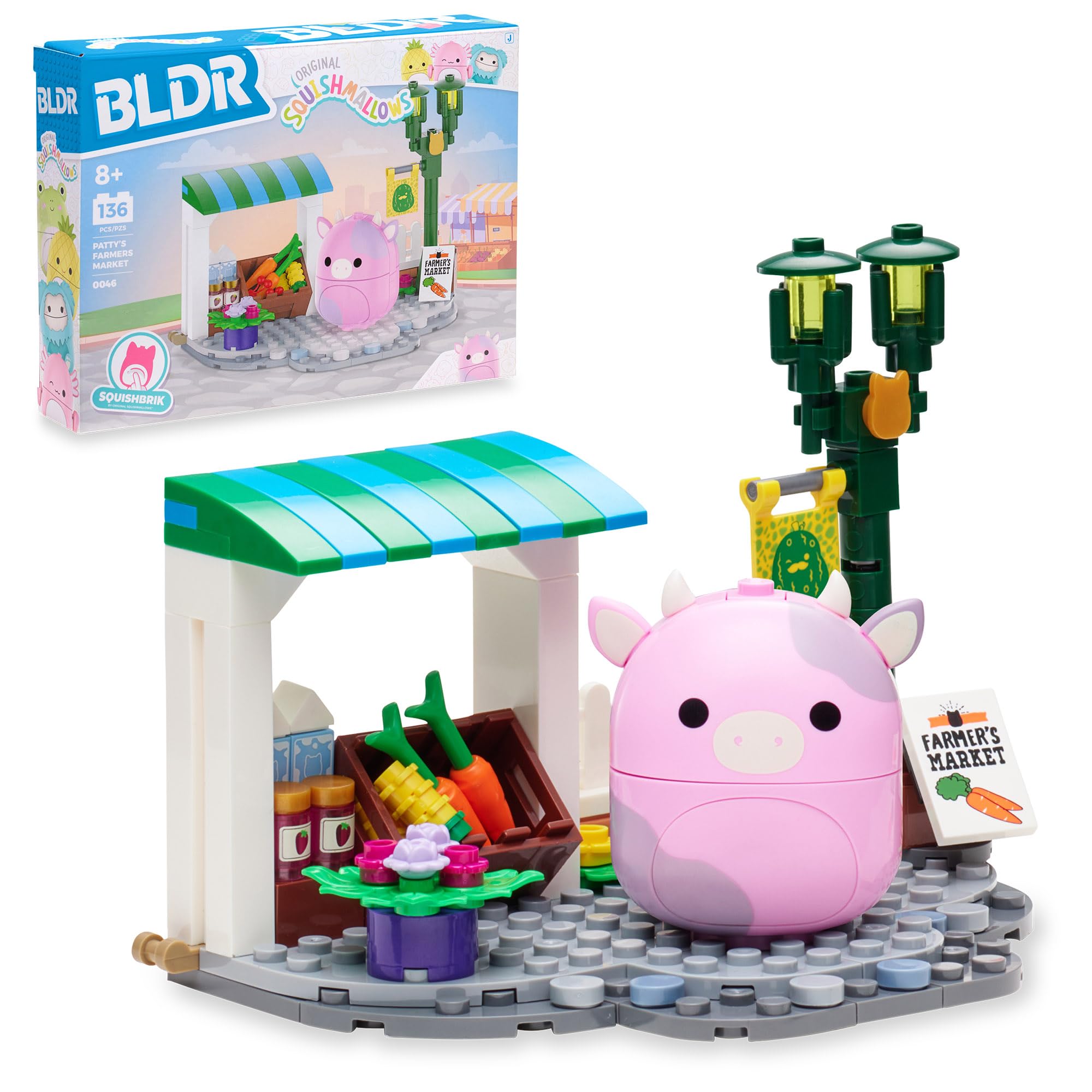 BLDR Squishmallows Patty’s Farmers Market Building Set - 136-Piece Playset with Patty the Pink Cow Figure