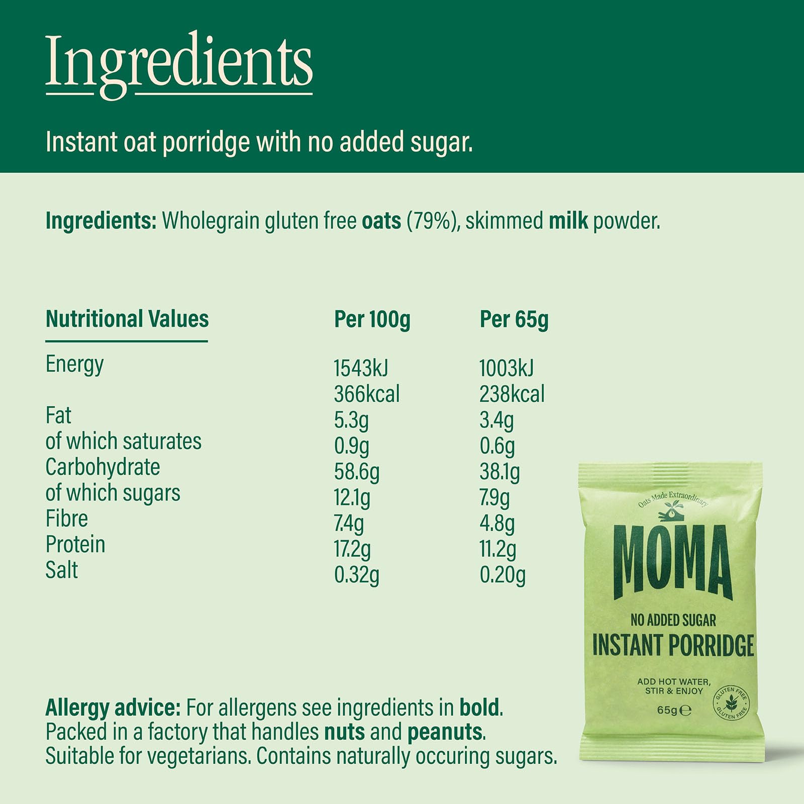 MOMA Foods Instant Porridge Plain No Sugar Sachets | 5 x 65g Wholegrain Oats