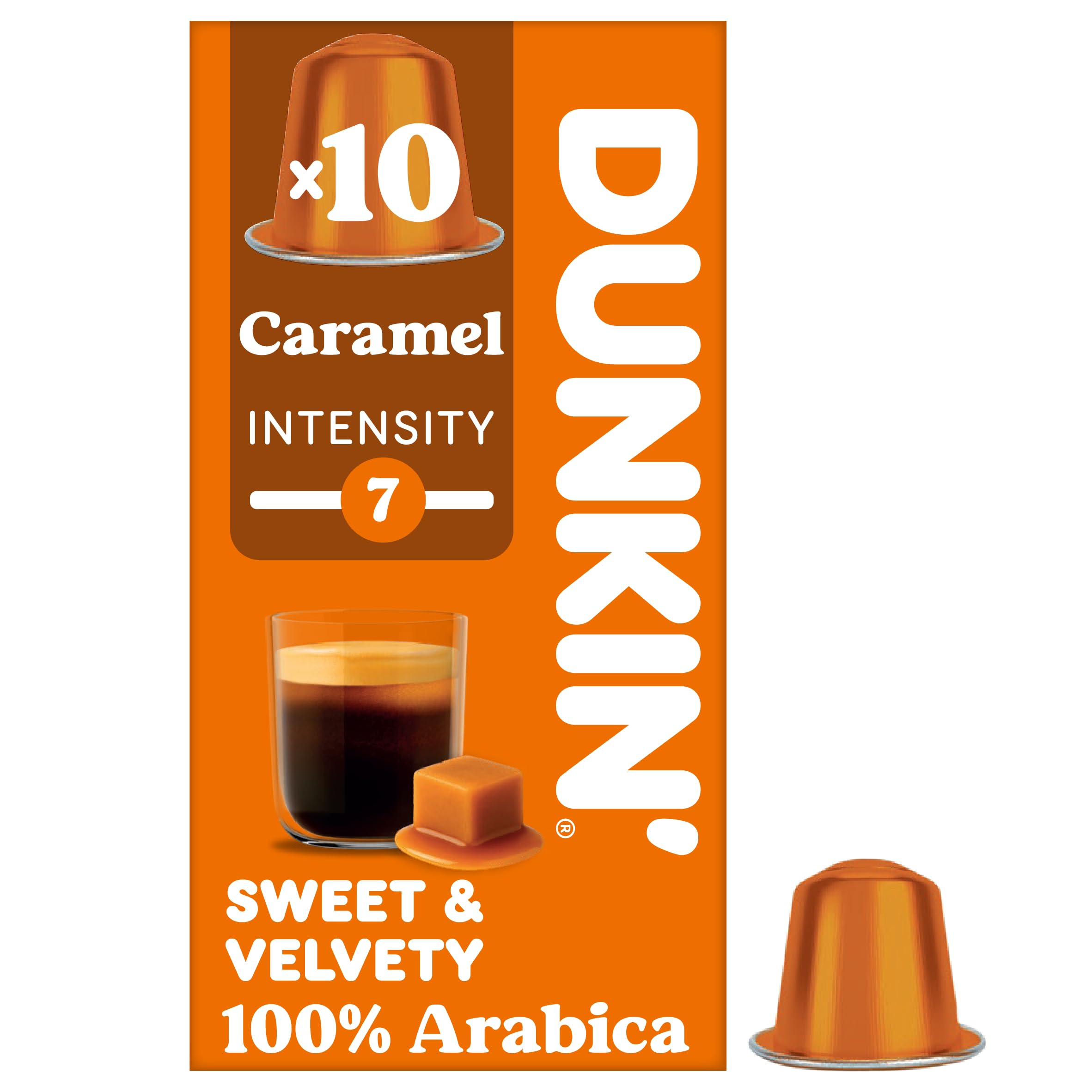Dunkin' Donuts Caramel Blend Coffee Capsules for Nespresso | Medium Roast, Intensity 7 | 10 Count