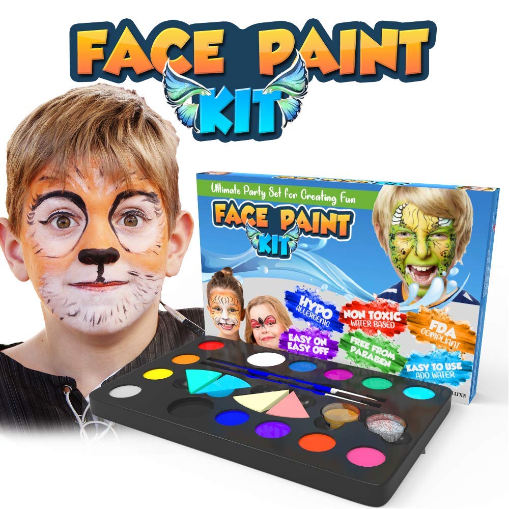Desire Deluxe Face Paints for Children Halloween Make Up Set | 14 Colors, 2 Glitters, 64 Items Total