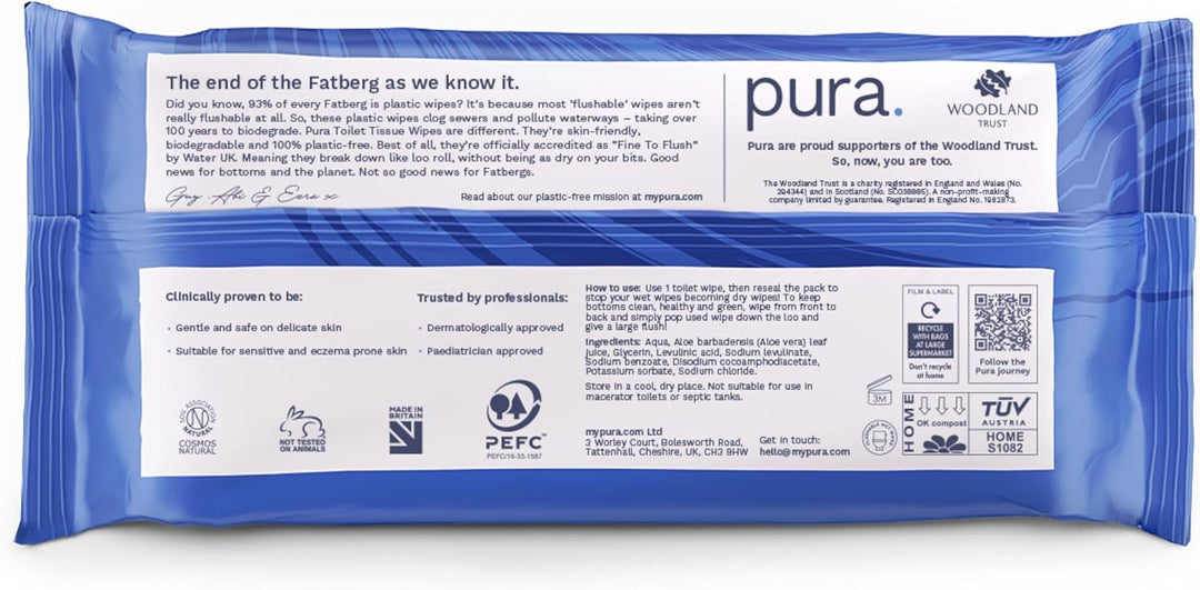 Pura - Flushable Moist Toilet Tissue Wipes 100% Plastic-Free Biodegradable Wet Wipes (40 Count)