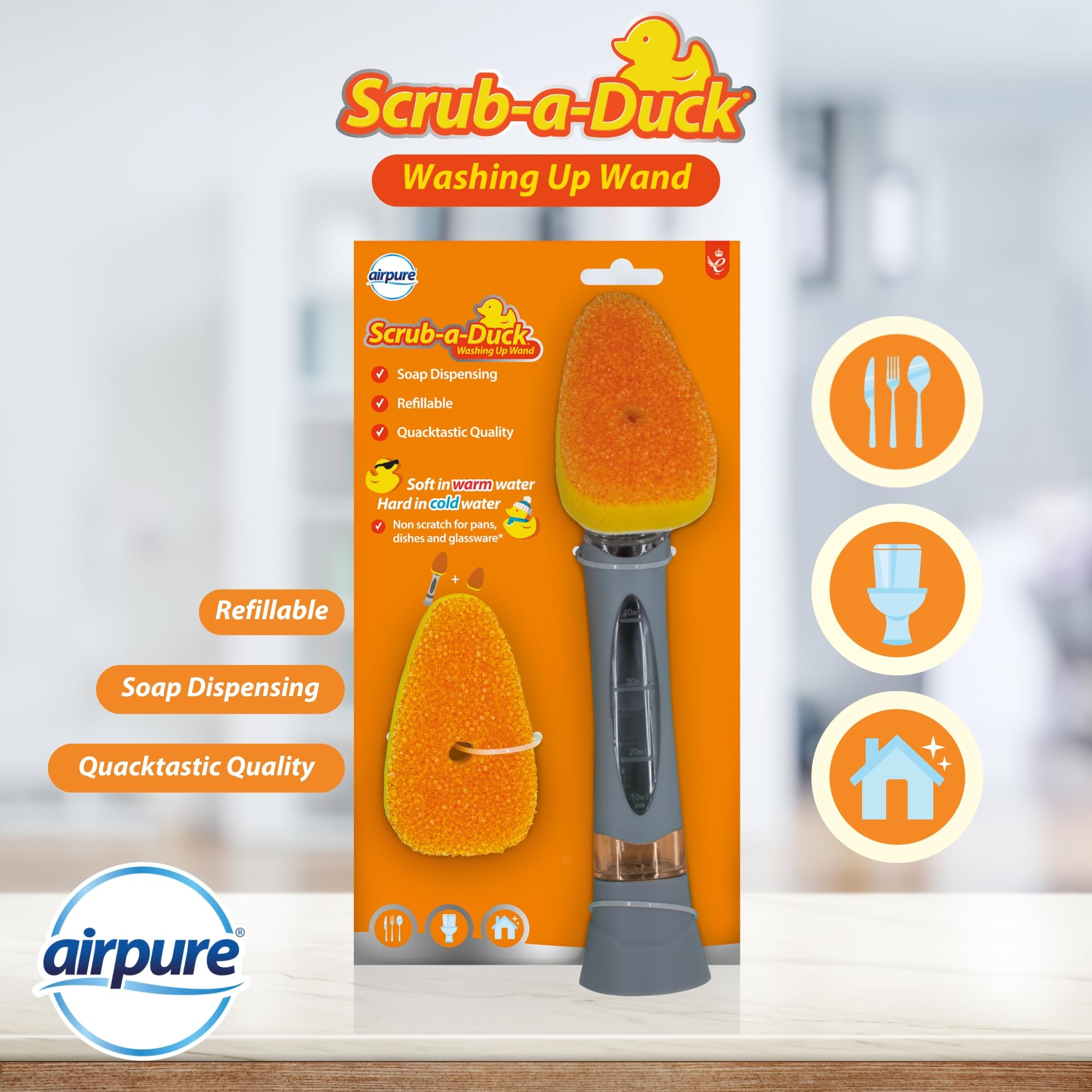 airpure Scrub-a-Duck Washing Up Wand - Soap Dispensing | Refillable Head | Non-Scratch Cleaning