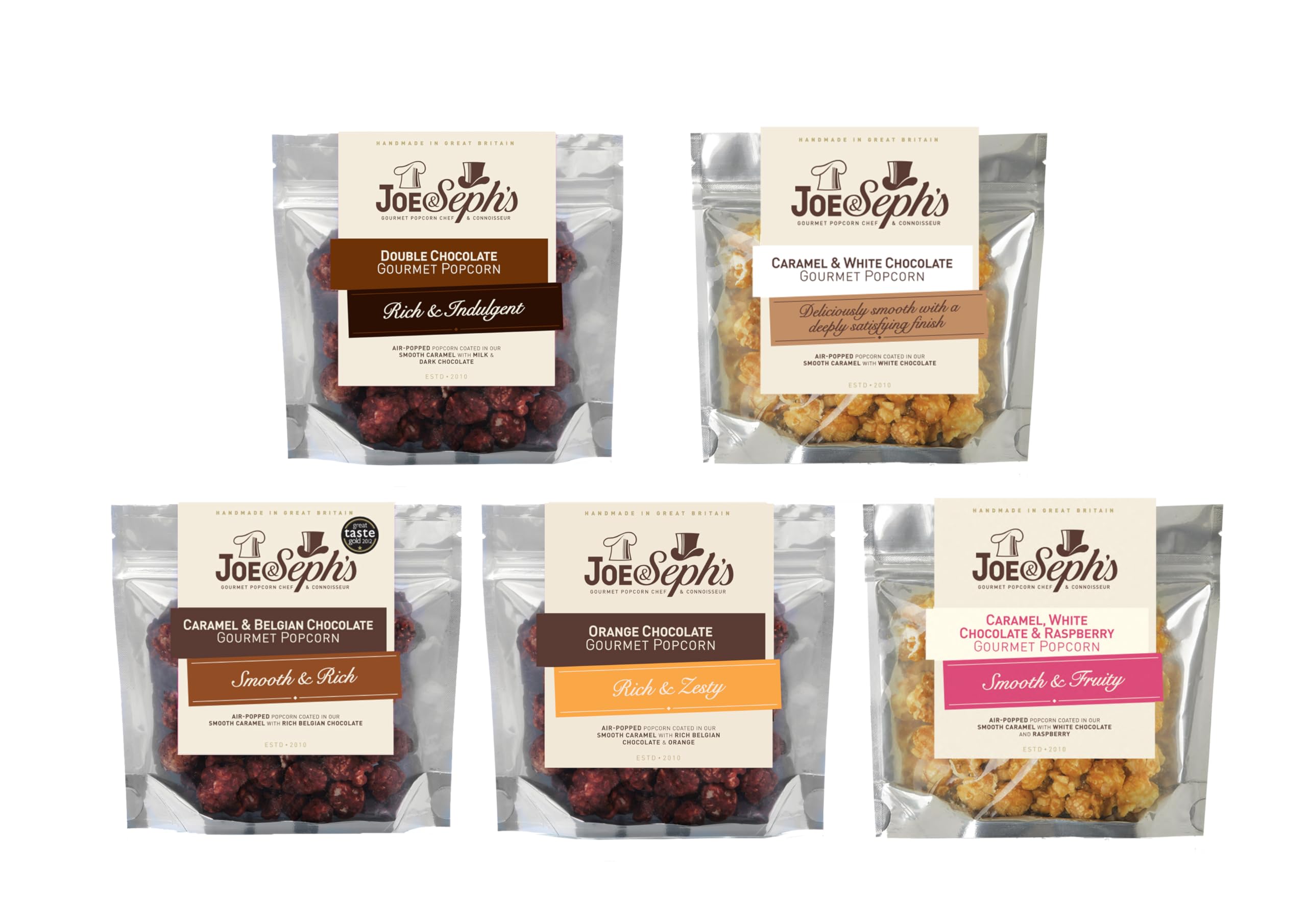 Joe & Seph's Chocolate Popcorn Tasting Selection - 5x30g Gourmet Air-Popped Snack Pack 5