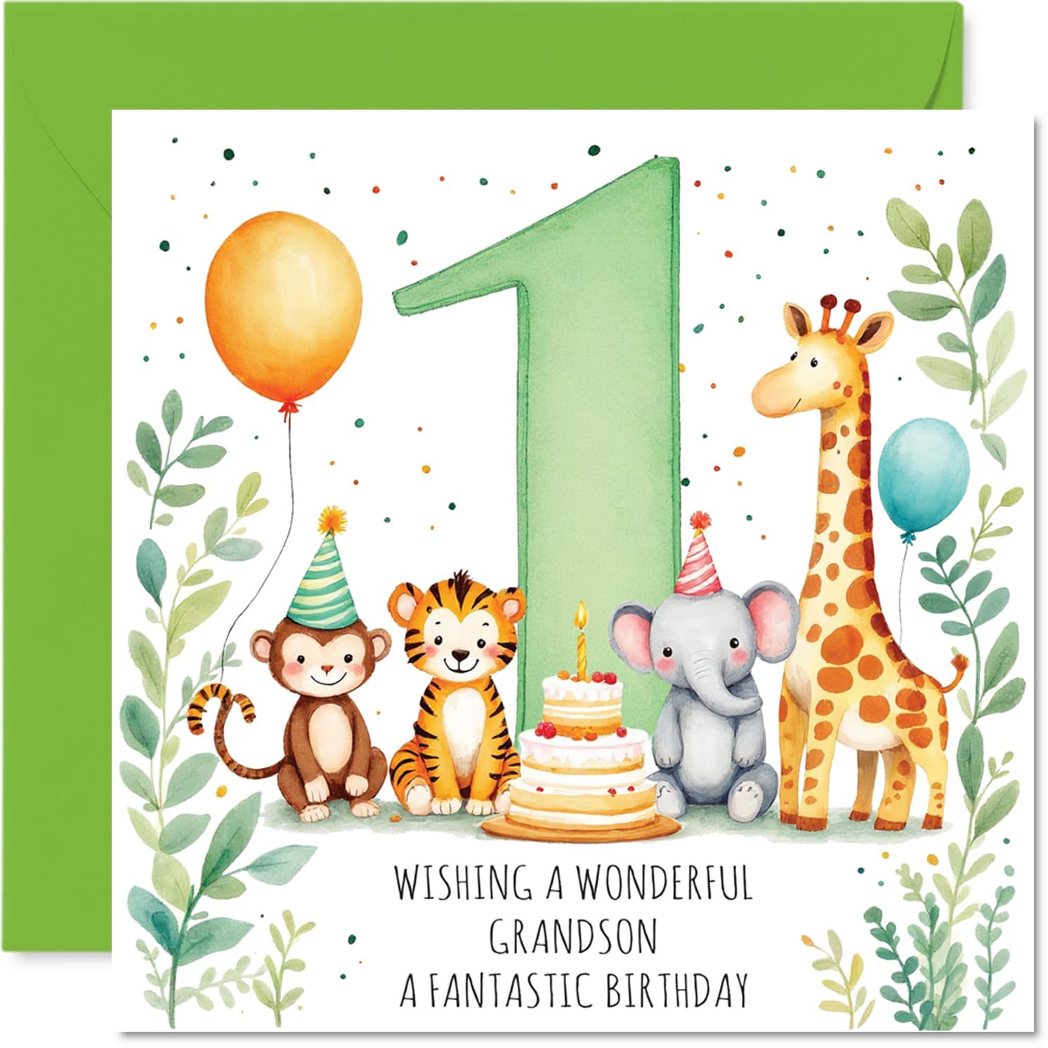 Stuff4 Playful 1st Birthday Card for Grandson | 145mm Square | Recyclable 1