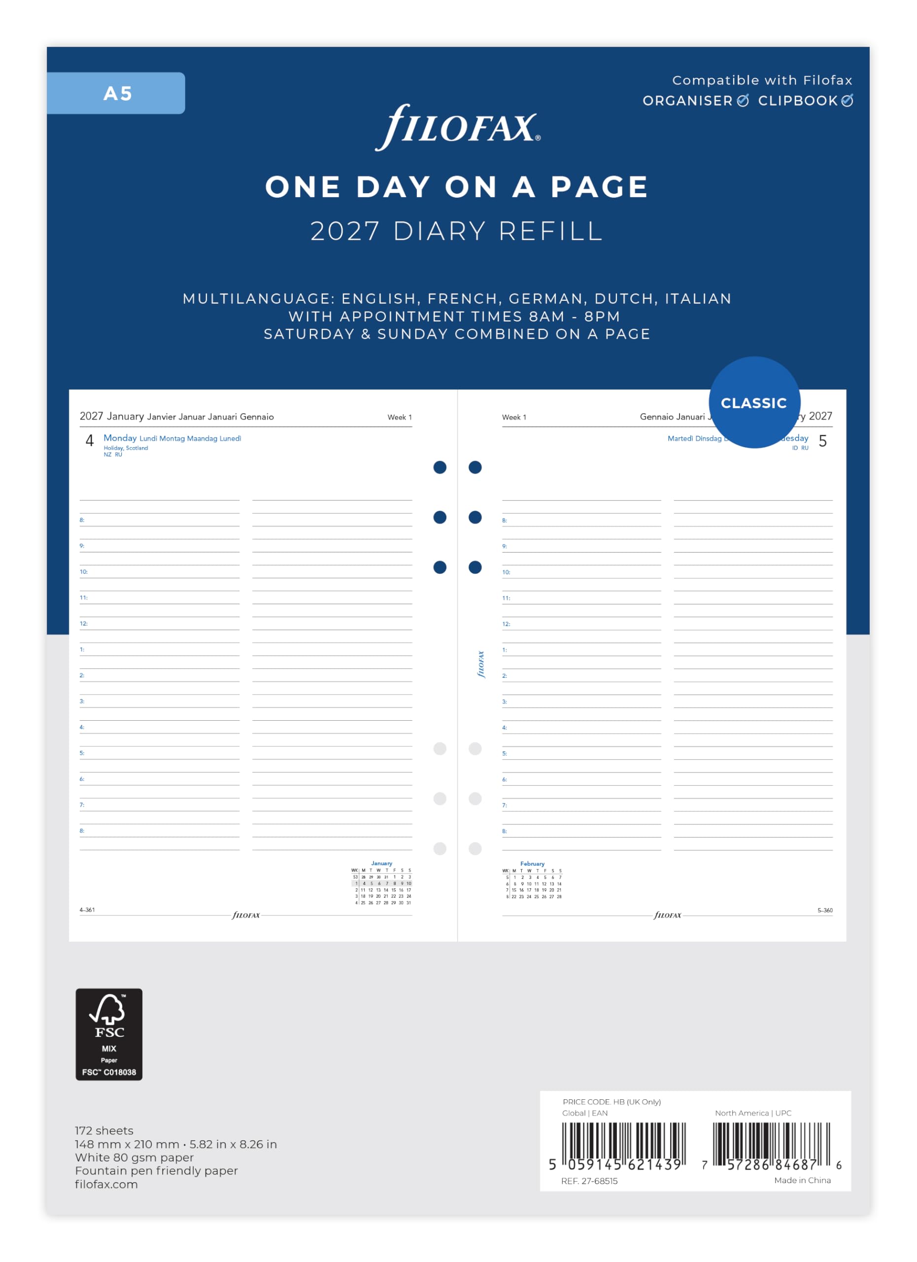Filofax A5 Day Per Page 2027 Diary Refill | 5 Language Appointments | 148mm x 210mm