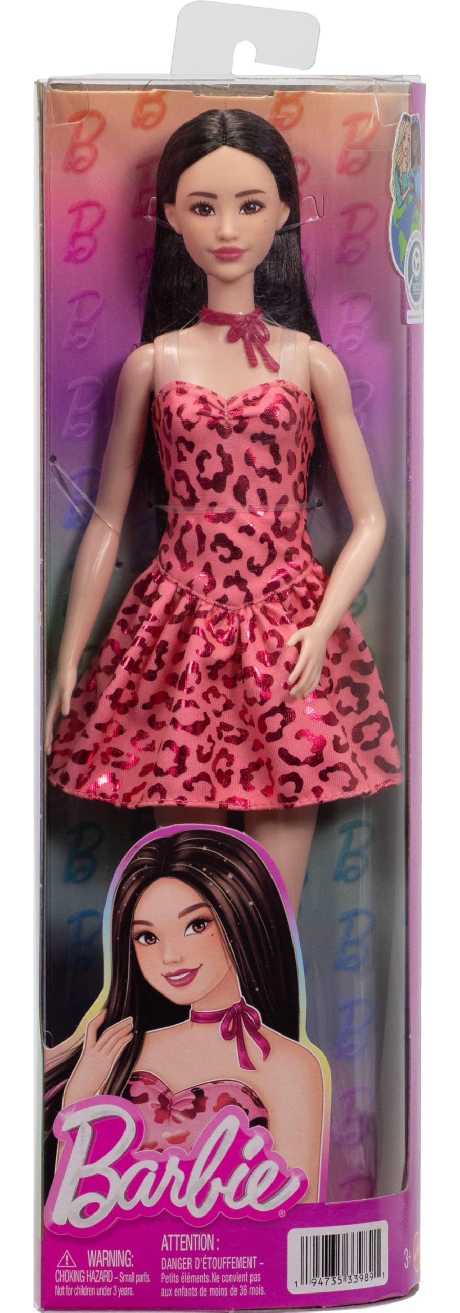 Barbie Fashionistas Doll #246 with Black Hair, Tall Body, Pink Leopard Print Strapless Dress 6