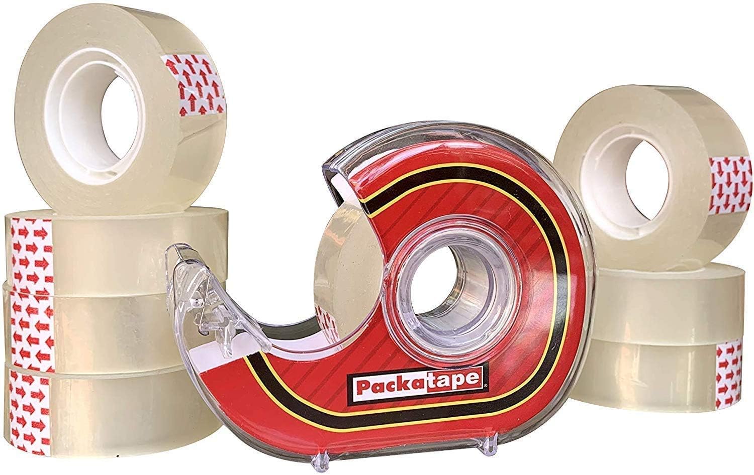 Packatape Cellotape - 9 Clear Transparent Rolls (18mm x 33m) with Dispenser