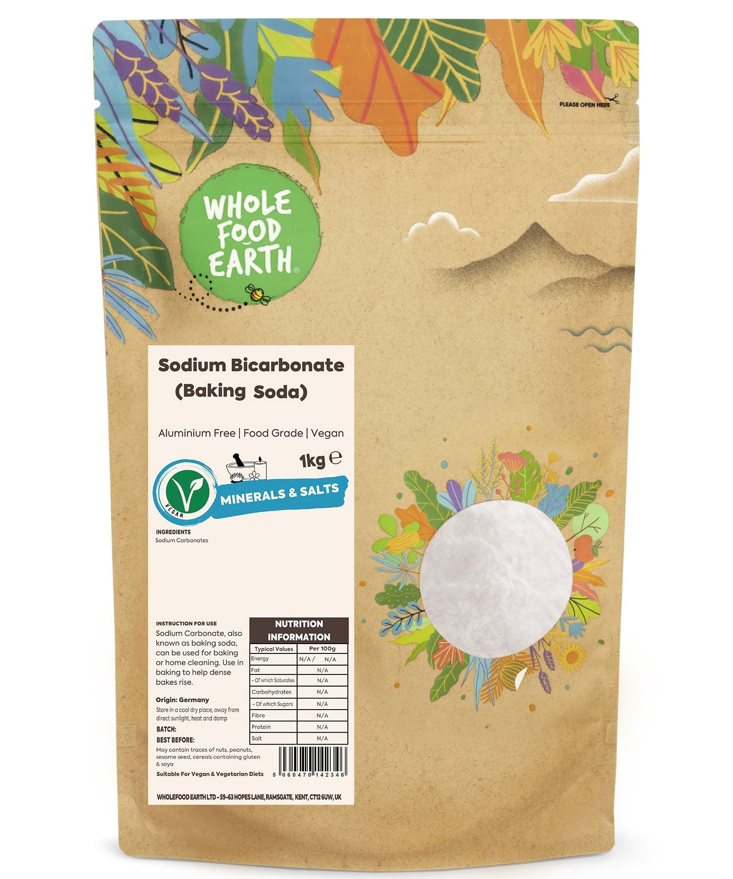 Wholefood Earth Sodium Bicarbonate Baking Soda Powder - 1 kg | Versatile Leavening & Cleaning Agent 1