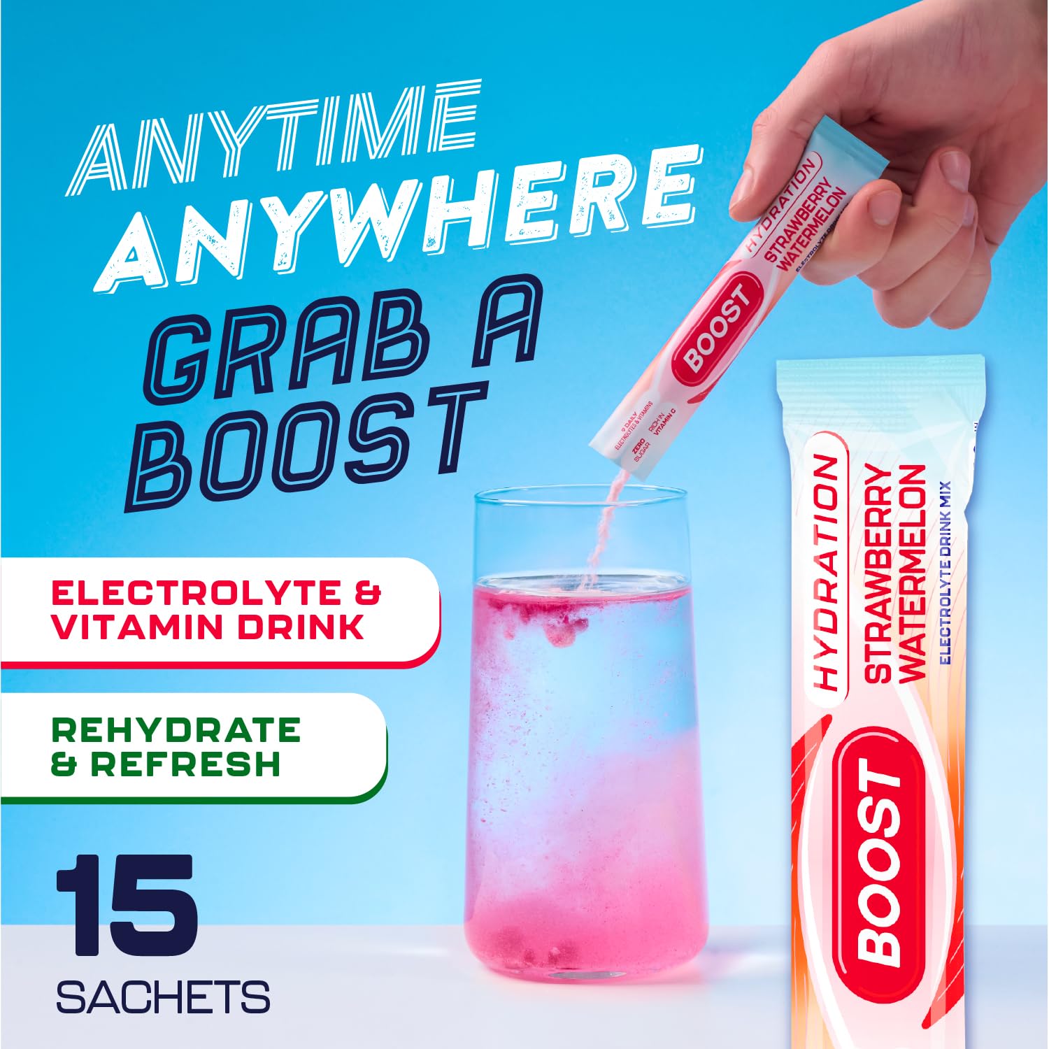 Boost Hydration Electrolytes Powder - Strawberry Watermelon Flavour | Zero Sugar | 15 Servings 2