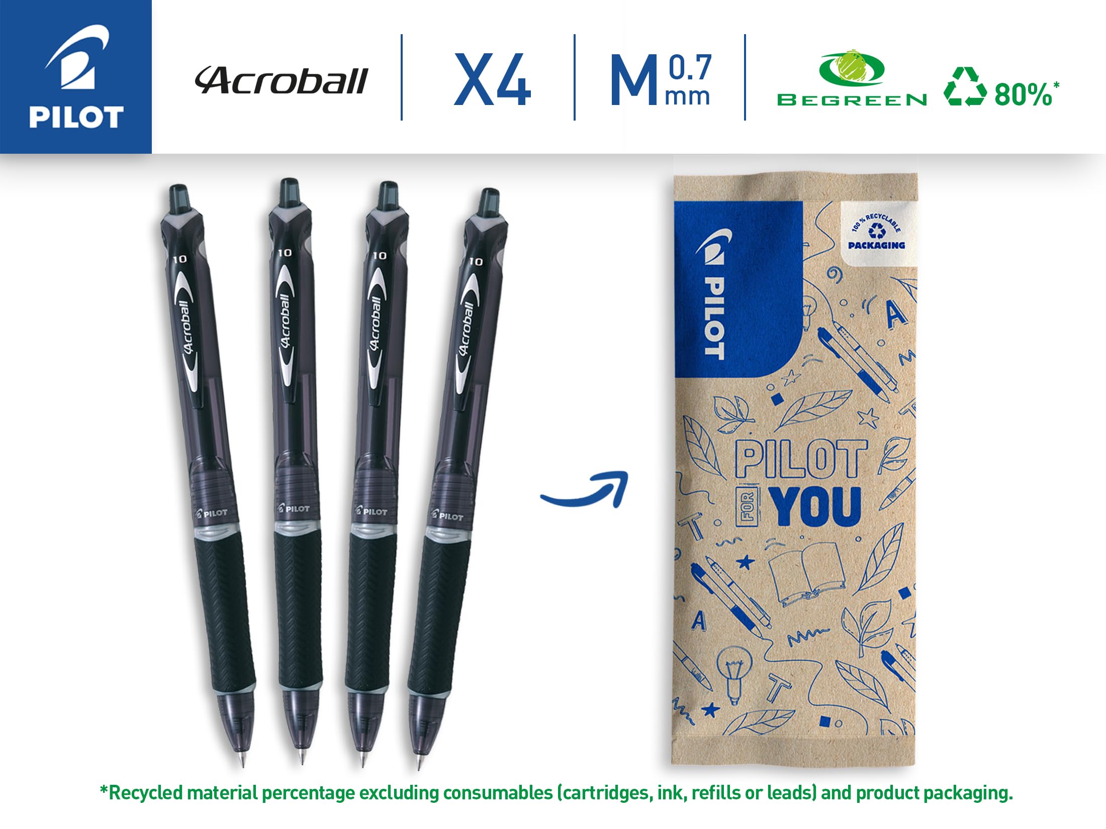PILOT Acroball Retractable Ballpoint Pen - Black Ink, 1.0mm Medium Tip | Pack of 4