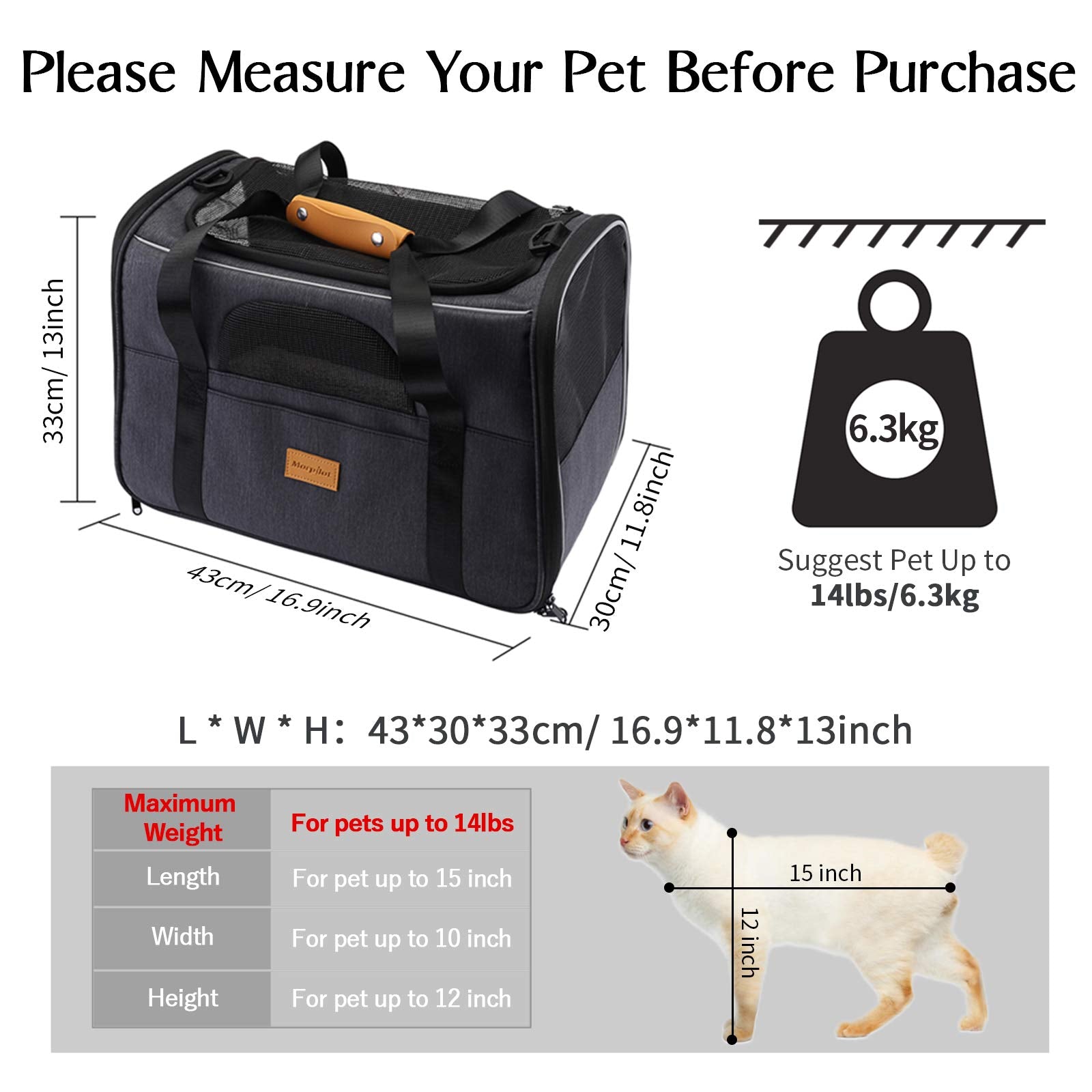morpilot Portable Soft-Sided Pet Carrier for Cats and Small Dogs | Up to 14lbs | Durable 600D Polyester 5