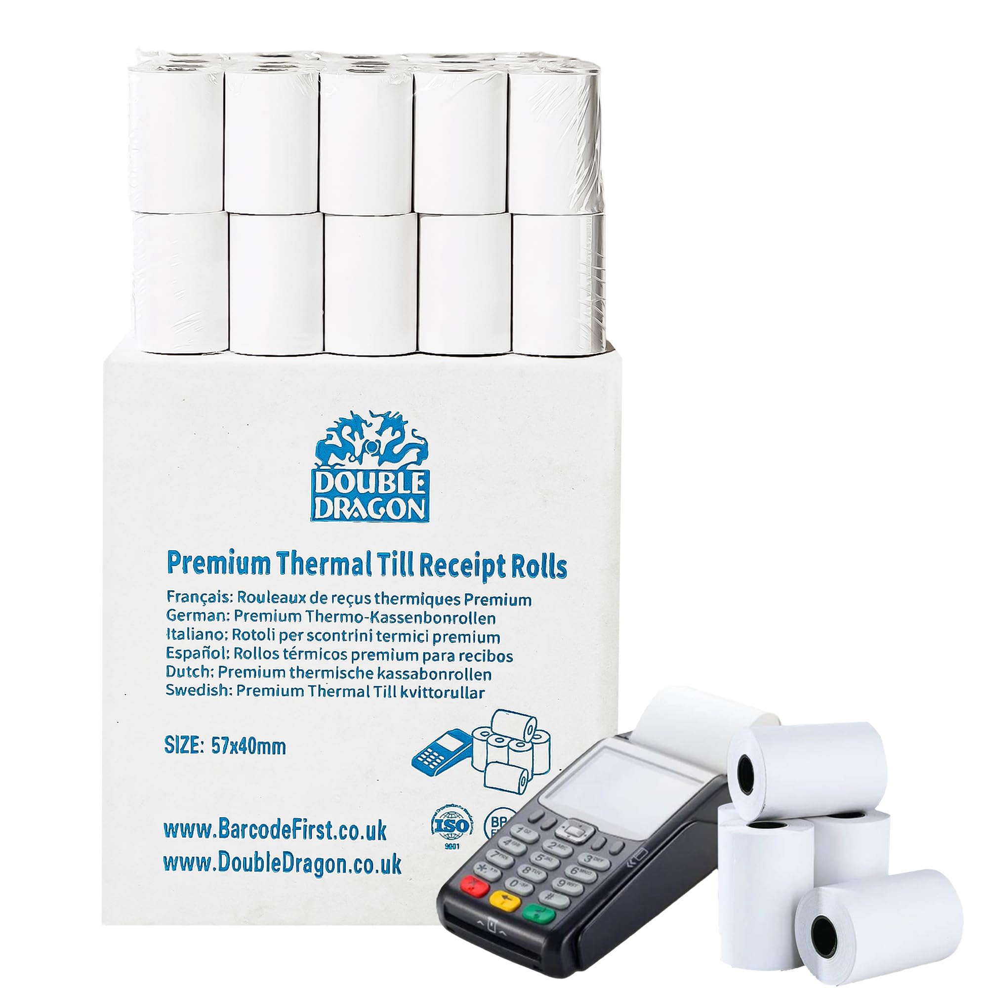 Double Dragon Thermal Paper Till Rolls - 57x40mm, 10 Rolls Pack | BPA-Free | Red Warning Strip
