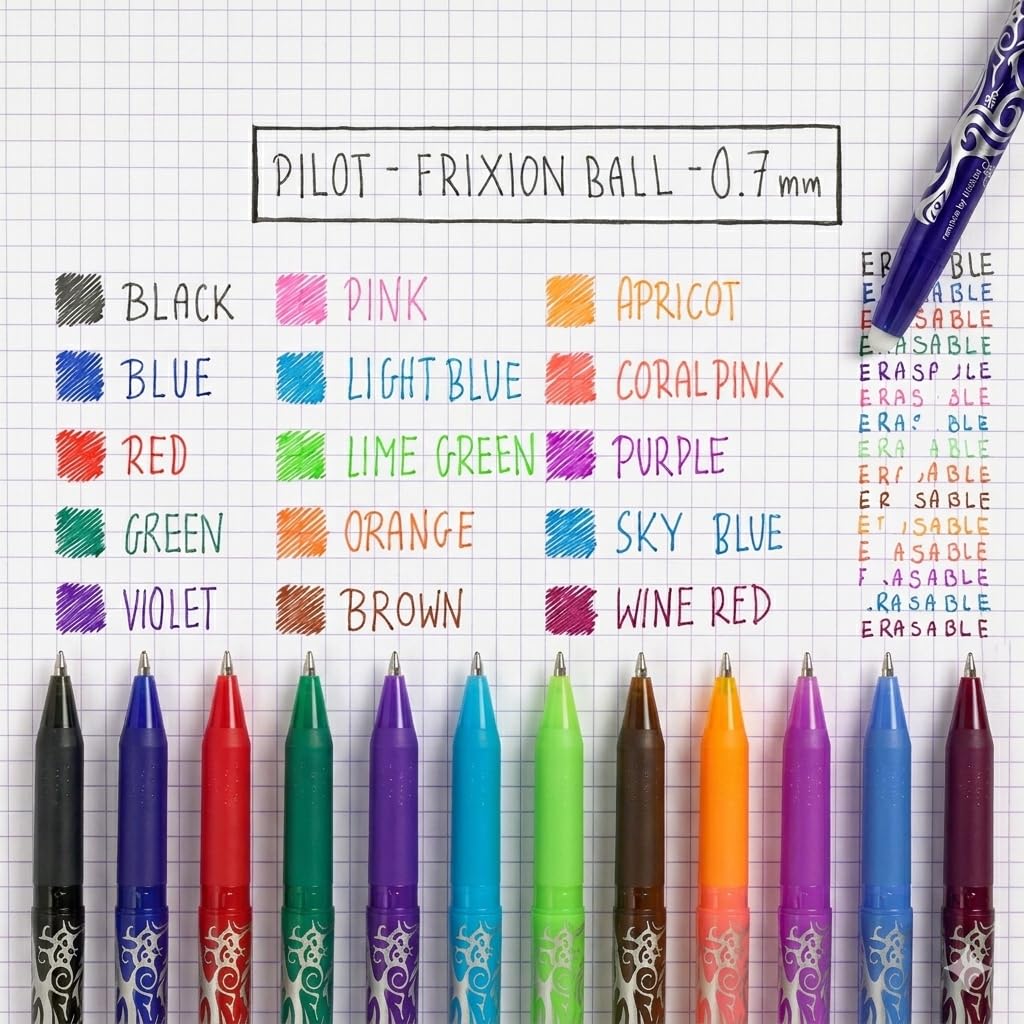 PILOT FriXion Ball Erasable Rollerball Pen - Medium 0.7mm Tip | Black, Green, Violet Ink | Pack of 1 4