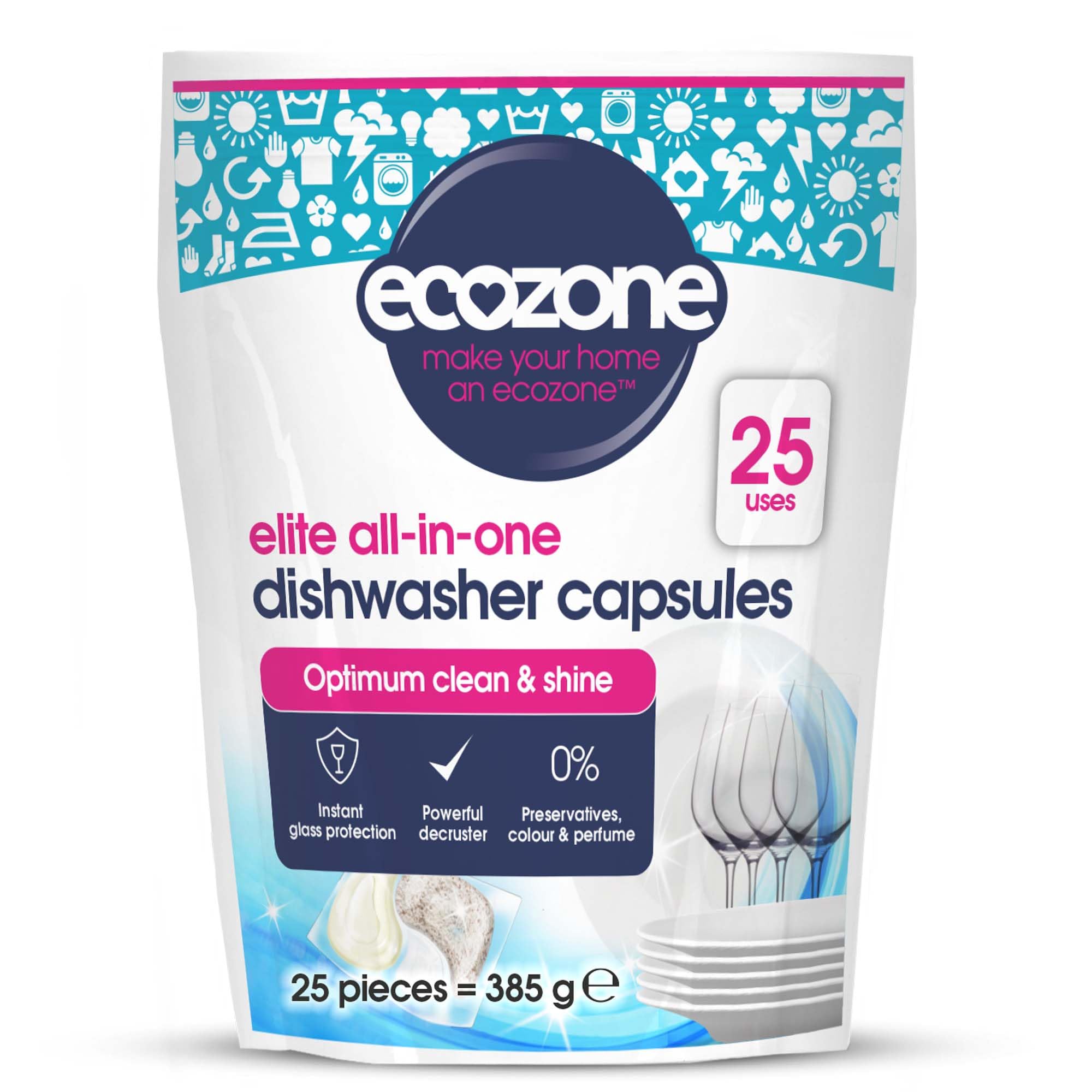 Ecozone Optimum All-In-One Dishwasher Capsules - 25 Count | Streak-Free Shine | Unscented