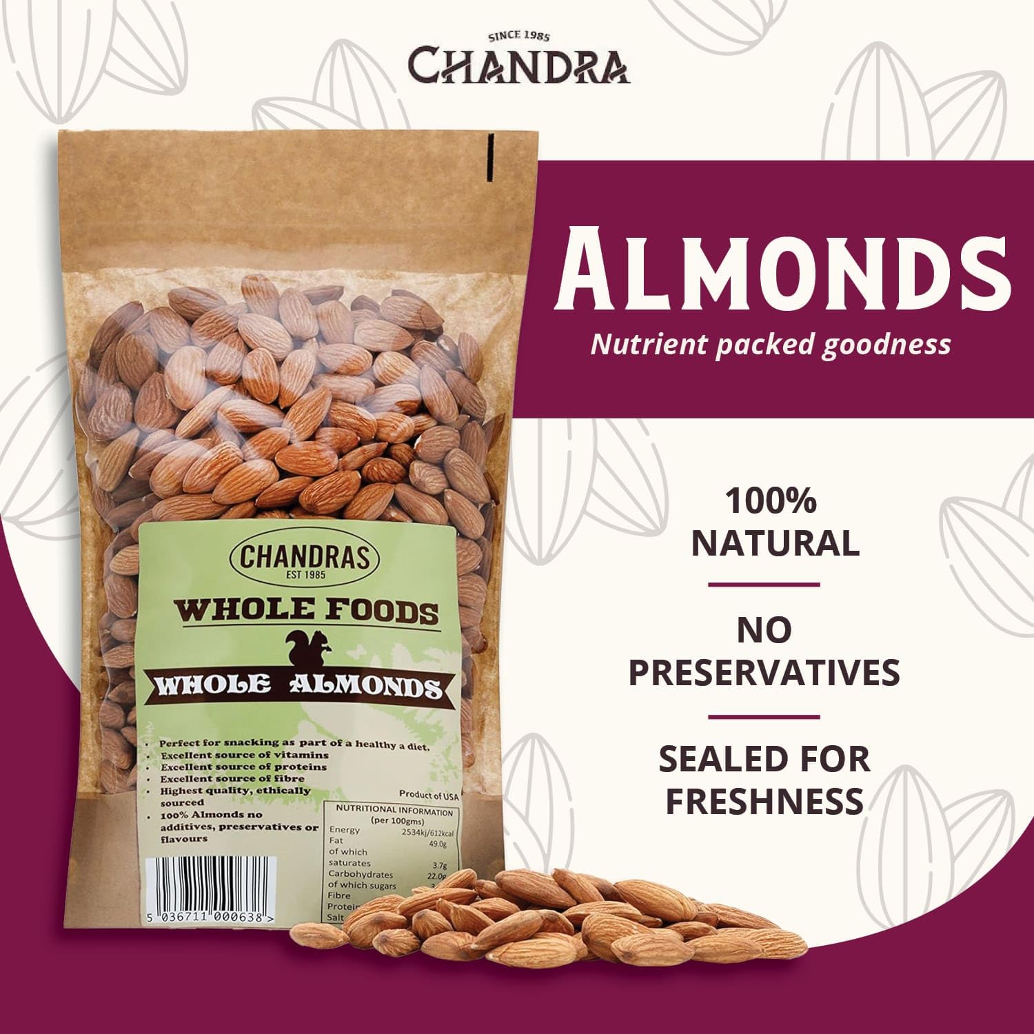 CHANDRA Whole Foods Raw Almonds - 1KG Pack | Gluten-Free, Vegan, Keto/Paleo Friendly