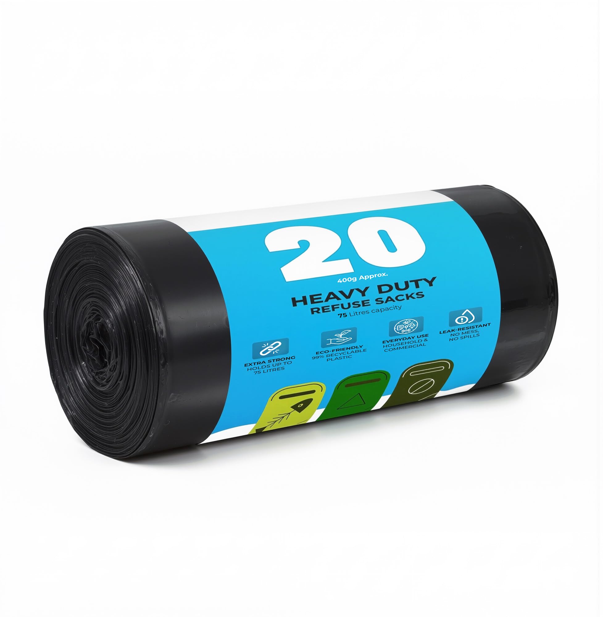 Roe Tenpo 75L Black Bin Bags - 20 Pack, 30 Micron, Leak-Resistant, Eco-Friendly