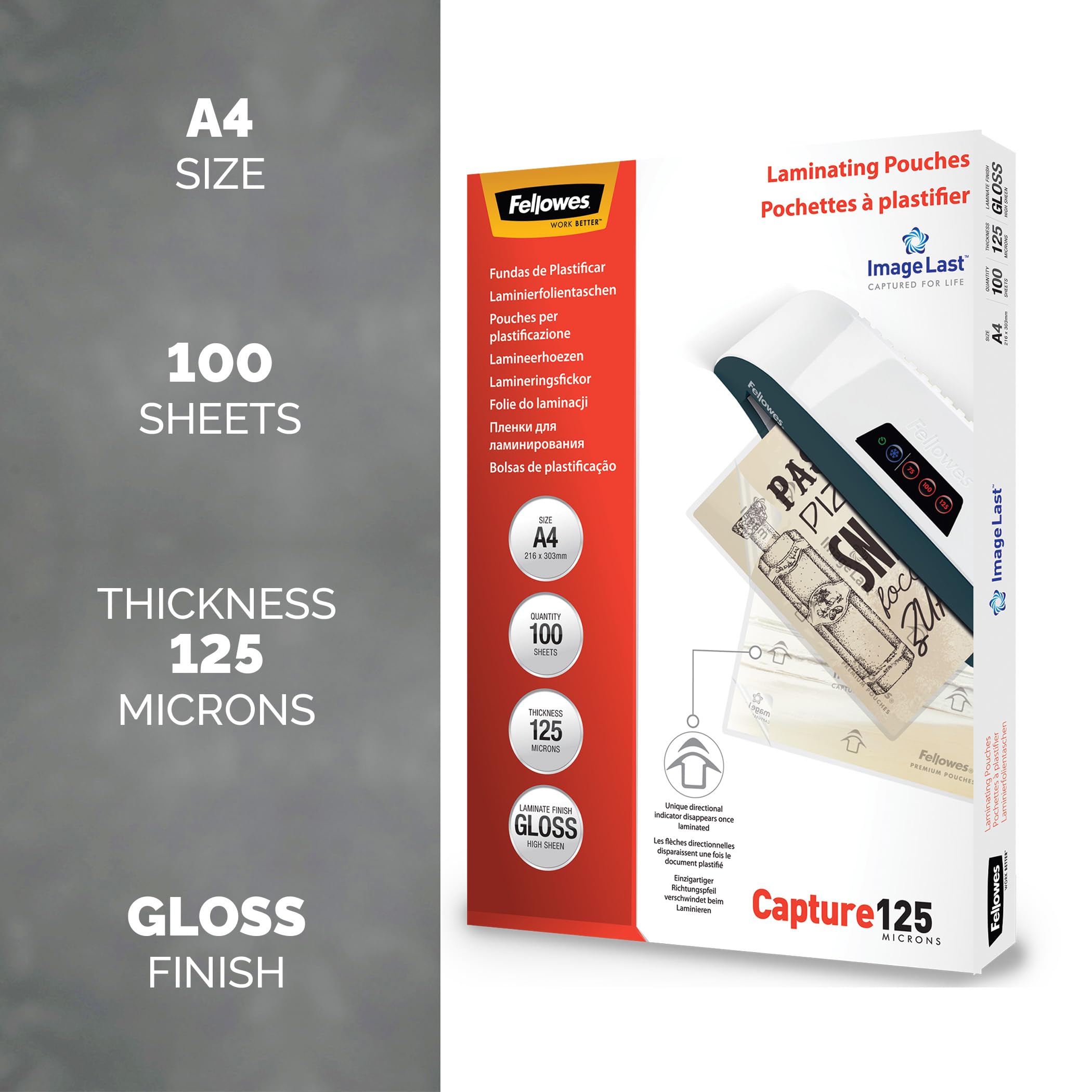 Fellowes A4 Laminating Pouches - 250 Micron (2 x 125 Micron) Gloss Finish | 100 Count