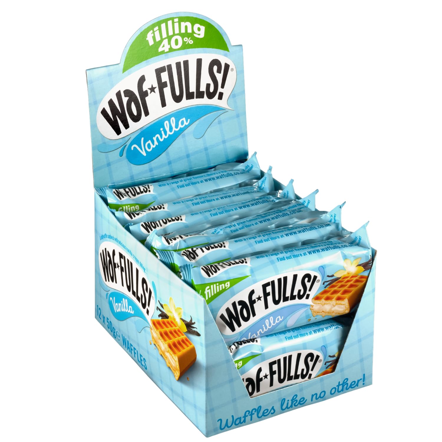 WafFULLS! Vanilla Waffle Sandwich Snack Bars - Ready to Eat, 12 x 50g Pack