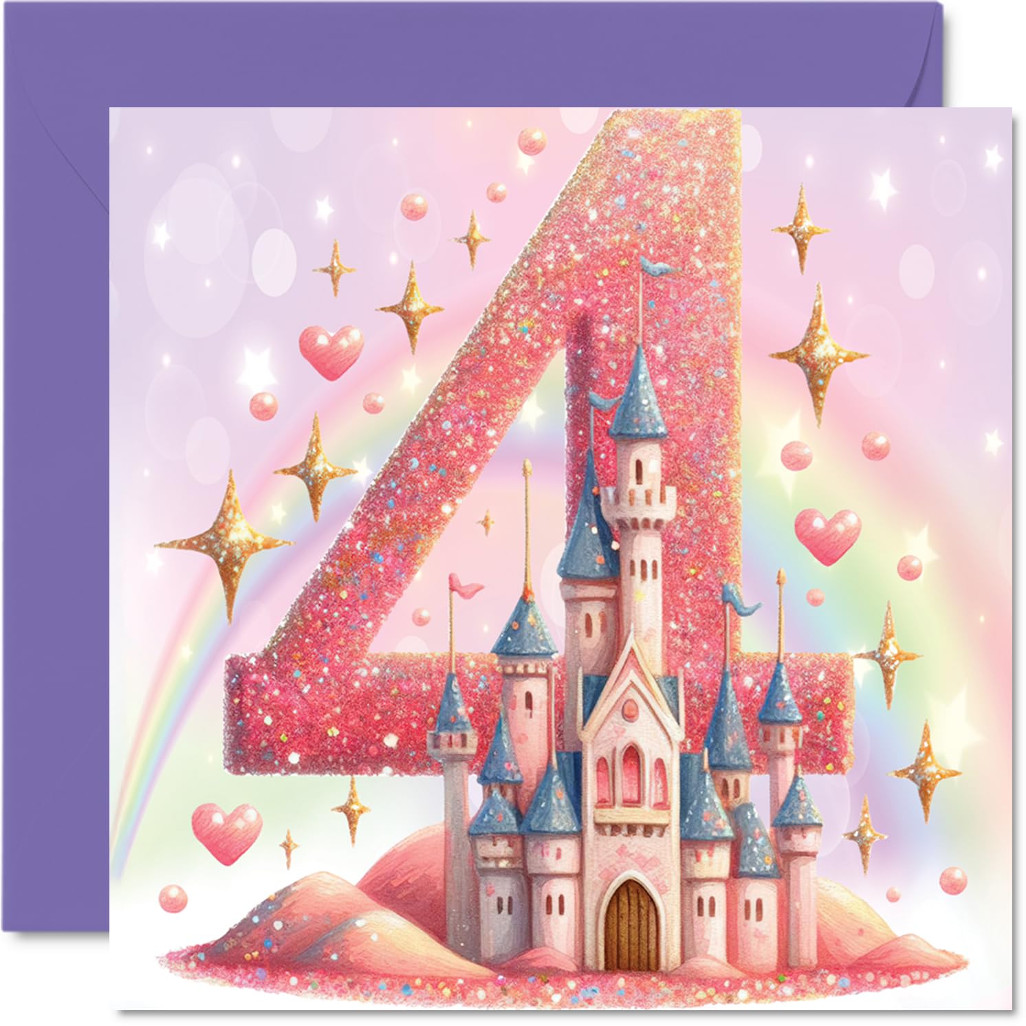 Stuff4 4th Birthday Card for Girls - Fairy Princess Castle Design | 145mm x 145mm