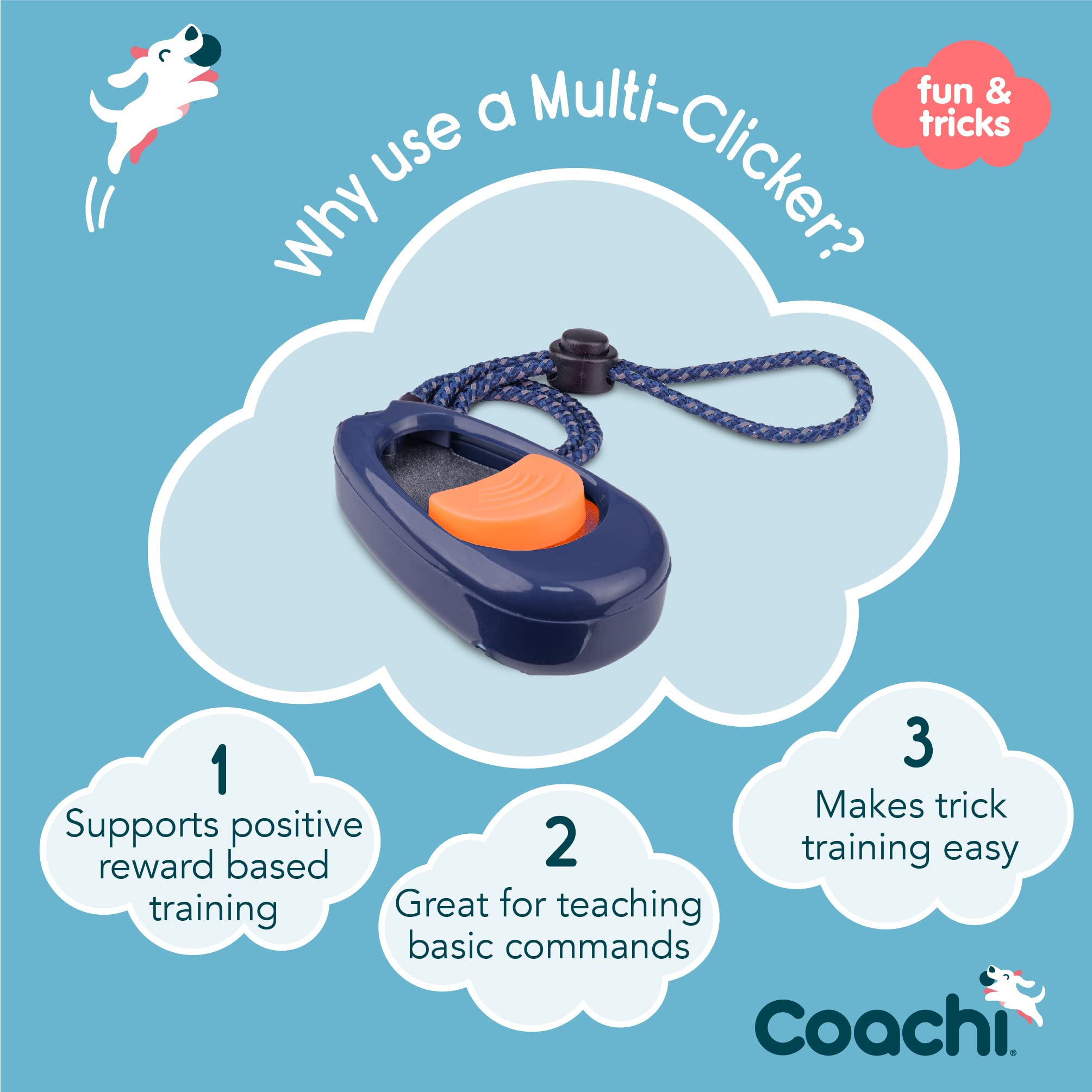 Coachi Multi-Clicker Dog Training Aid - 3 Volume Settings | Adjustable Wrist Strap | Navy/Coral