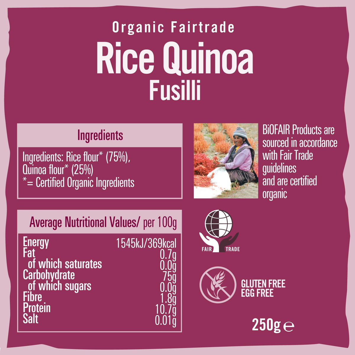 Biofair Organic Rice Quinoa Fusilli - Gluten-Free Pasta, 250 g (Pack of 6)