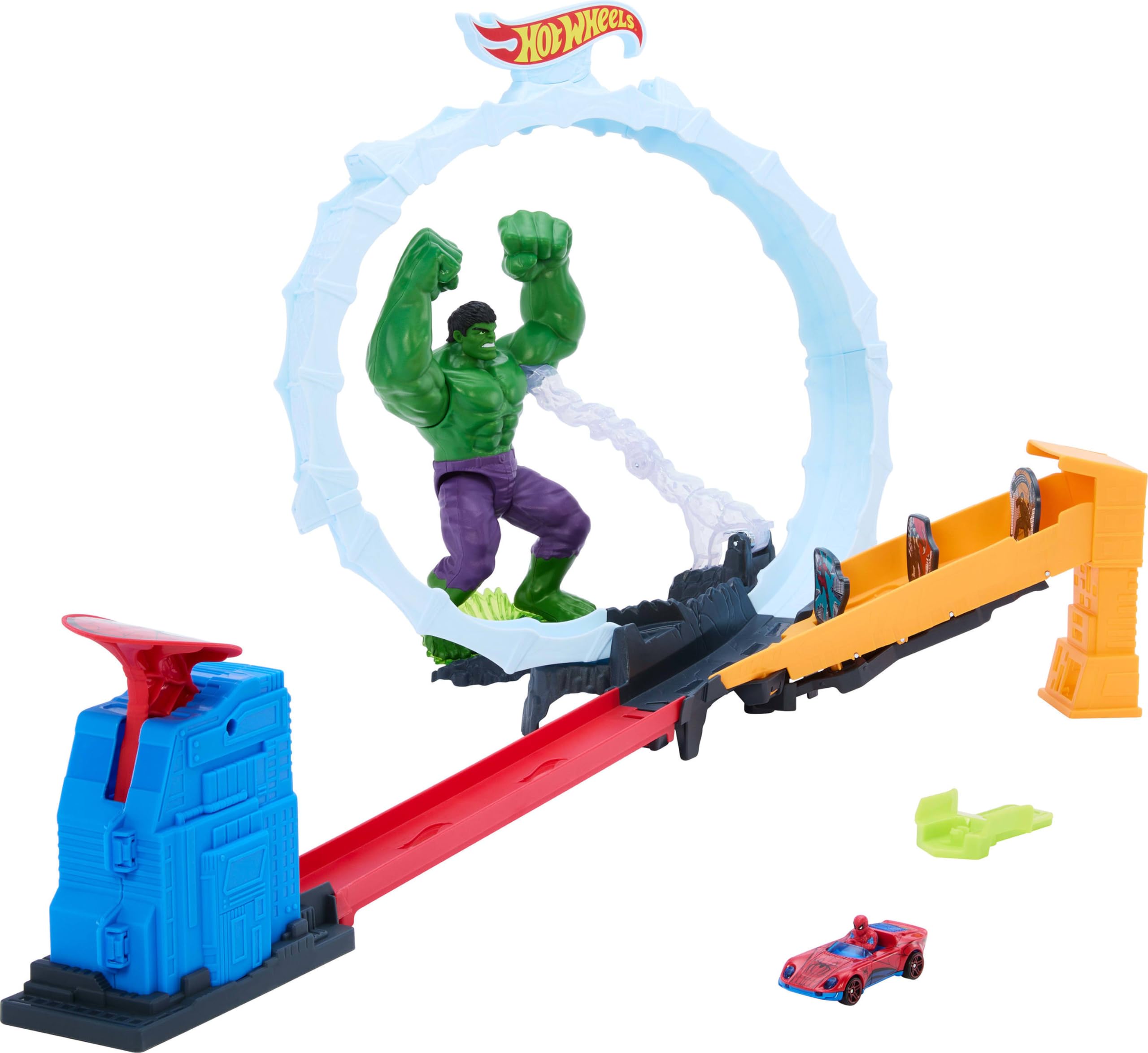 Hot Wheels Spider-Man & Hulk Smash Down Track Set with 1 Die-Cast Car | Ages 4+