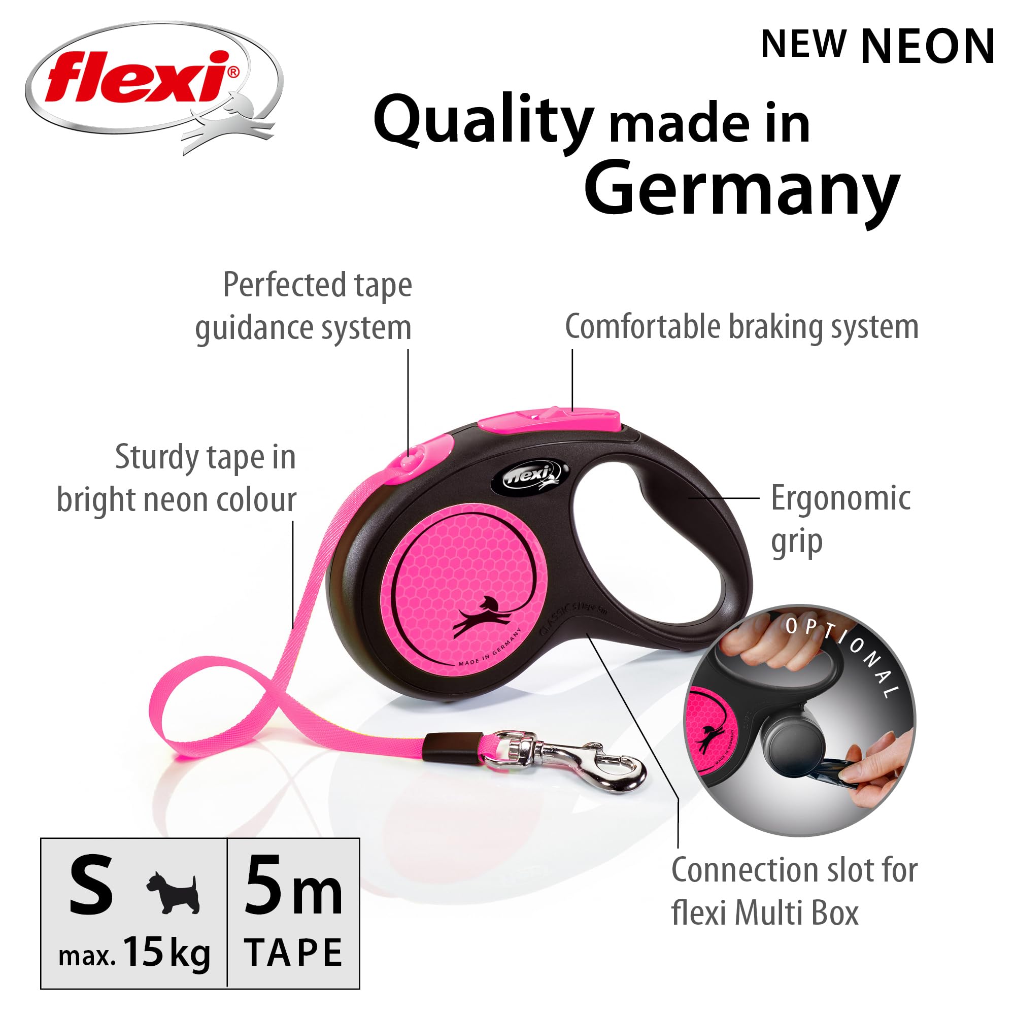 flexi Neon Tape Retractable Dog Lead - 5m Length | Max 15kg | Neon Pink 2