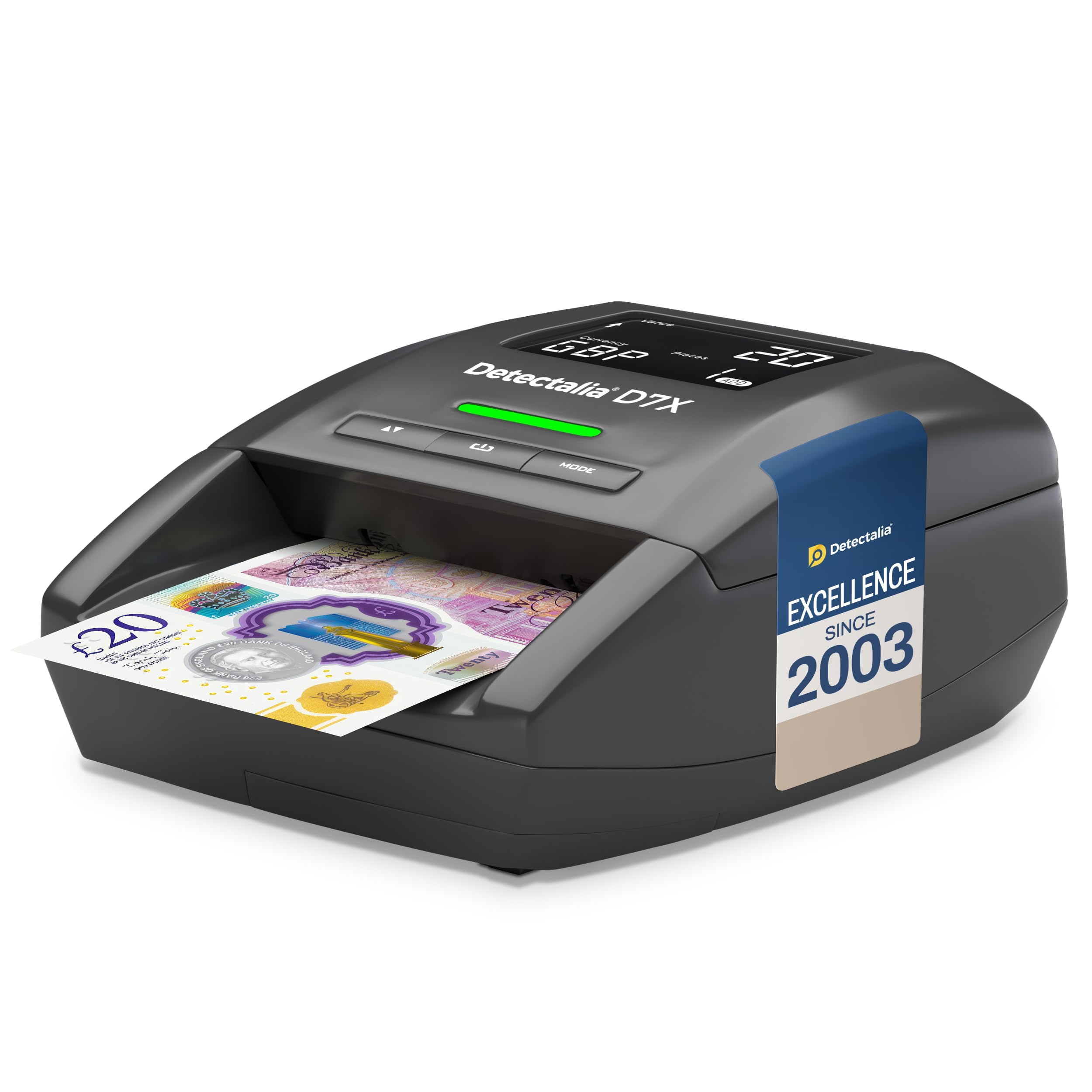 Detectalia D7X Counterfeit Banknote Detector - Checks 6 Currencies (GBP, EUR, CHF, PLN, CZK, SEK)