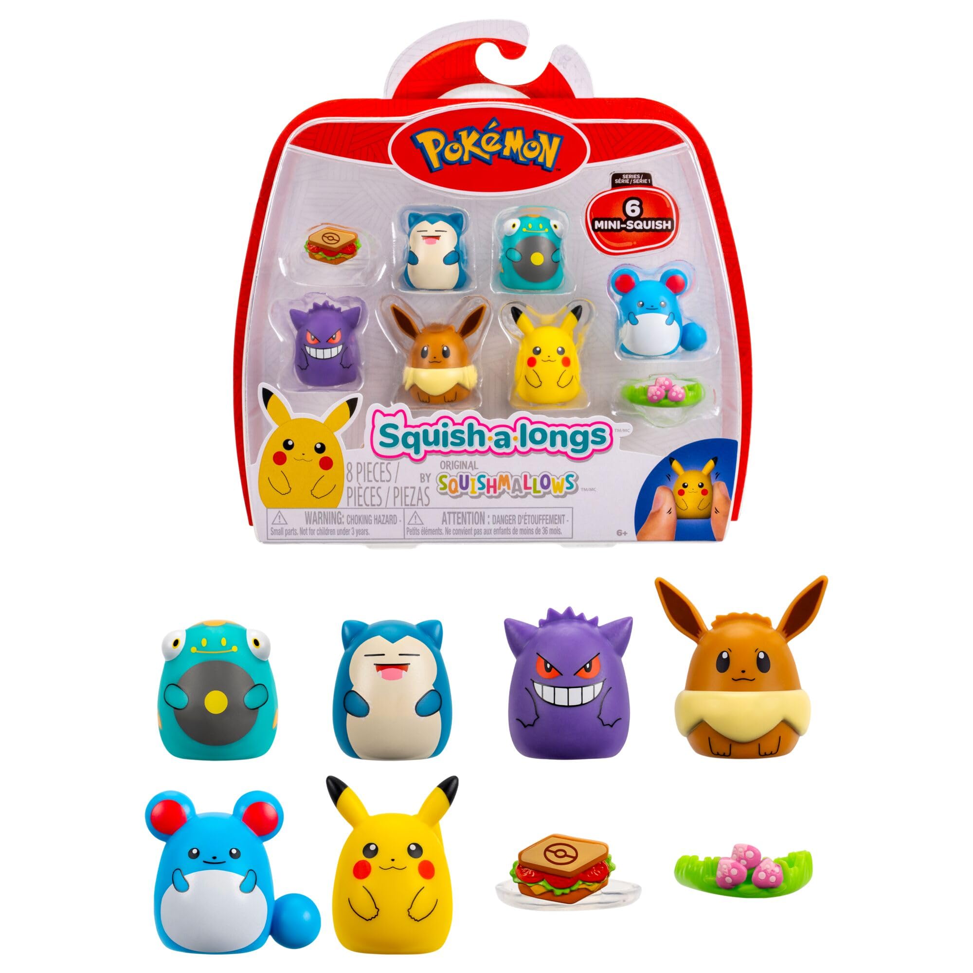 Squish-a-longs Pokémon Mini-Squish 6-Pack (Pikachu, Gengar, Snorlax, Eevee) | Plastic Collectibles | Age 6+ 1