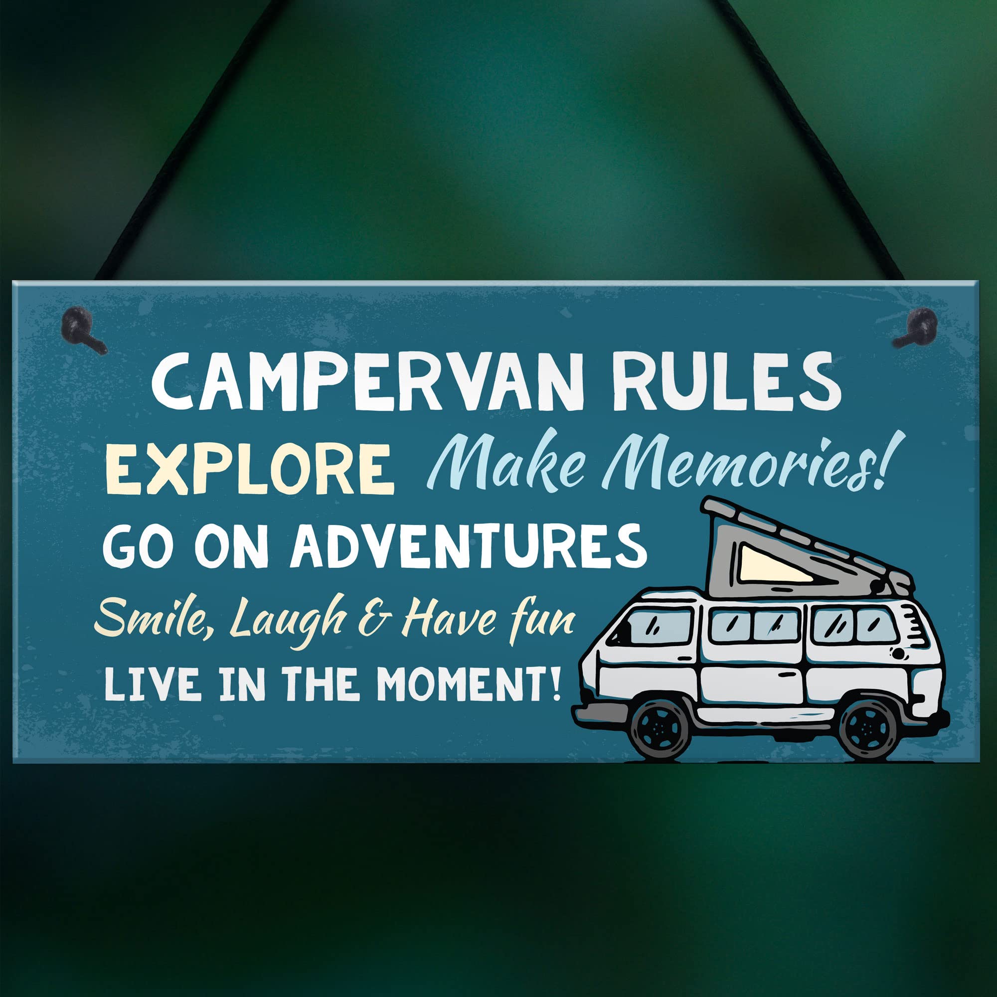 RED OCEAN Campervan Rules Hanging Door Plaque | Blue PVC | 200x100mm | Handmade in England 5