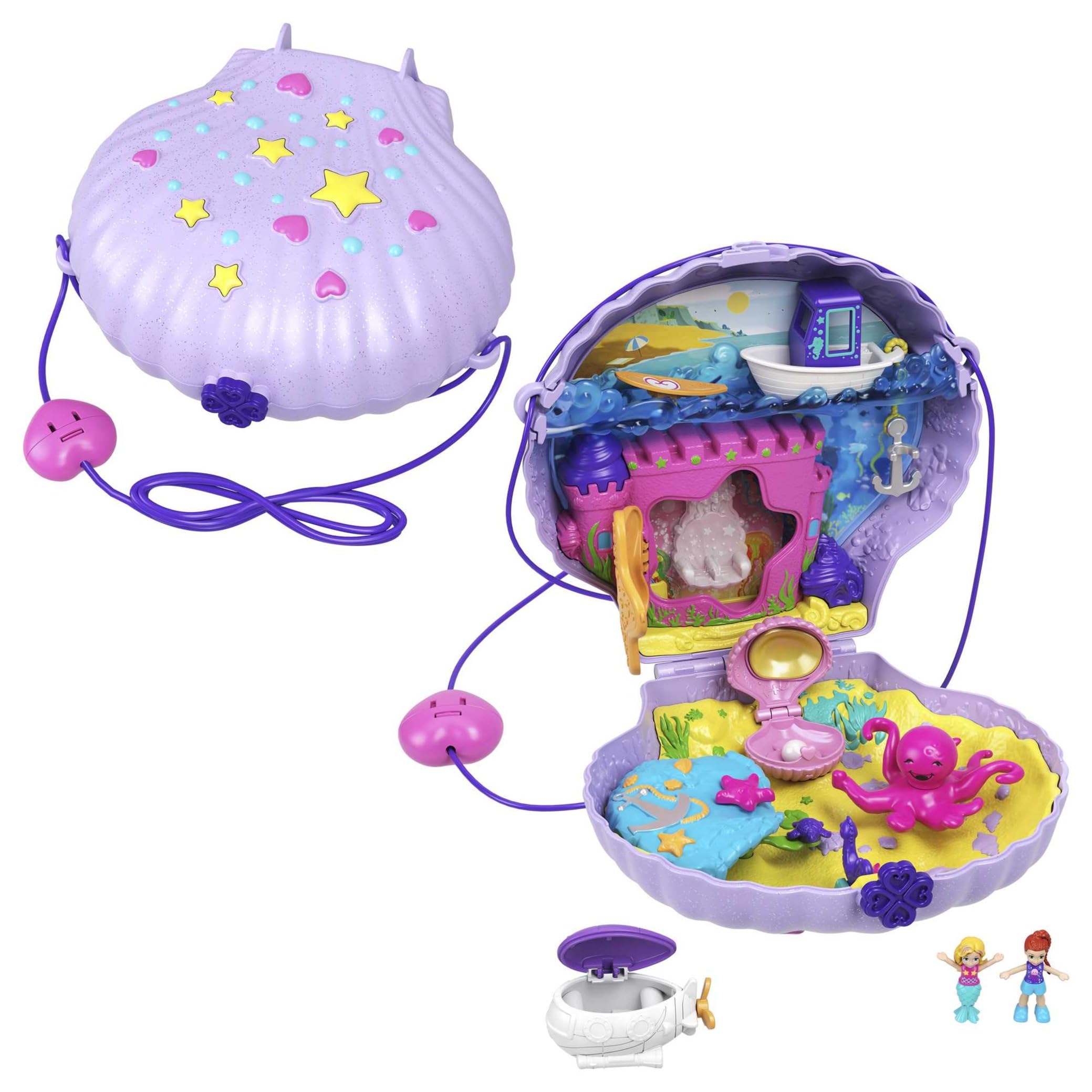 Polly Pocket Micro Tiny Power Seashell Purse Playset - Mermaid Theme, 2 Dolls | Ages 4+