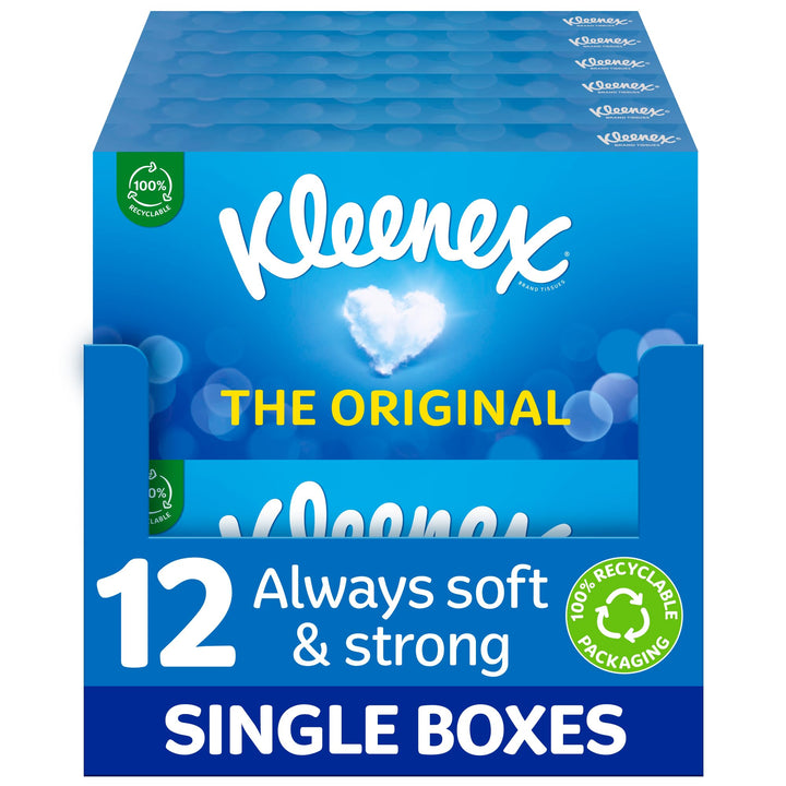 Kleenex Original Facial Tissues - Pack of 12 Boxes (768 Tissues) - Soft & Strong 3-Ply Tissues with Touch of Cotton