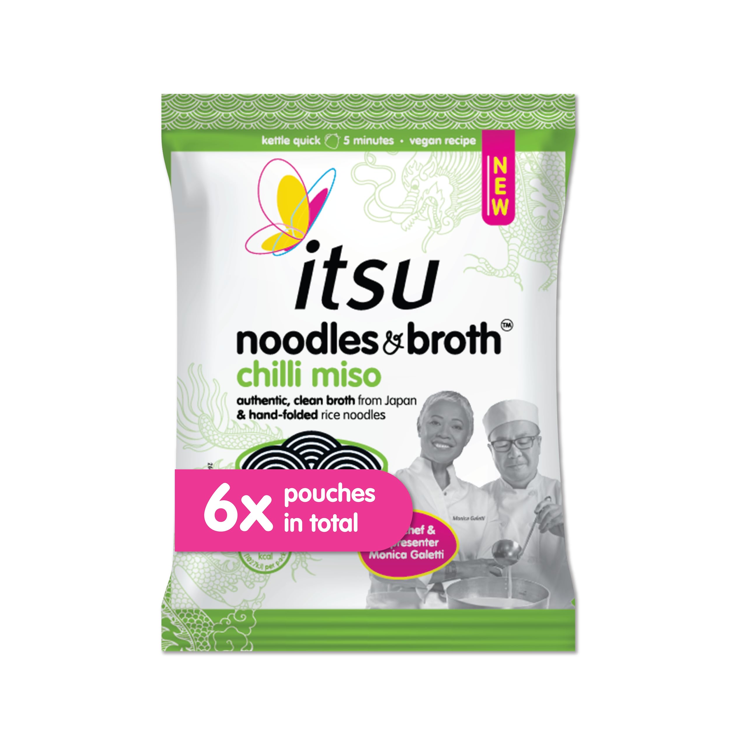 Itsu Chilli Miso Noodles & Broth Pouch 85g - Pack of 6 | Gluten Free Vegan Instant Noodles 6