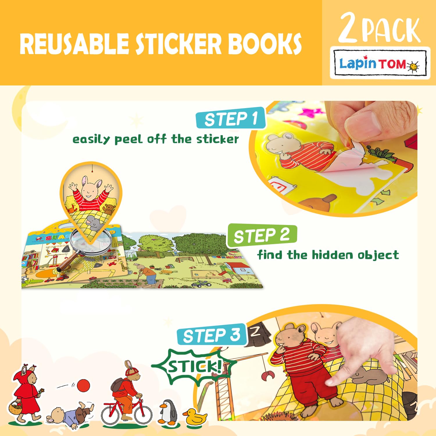 GUYUCOM Reusable 3D Sticker Book for Kids - Tom the Little Rabbit Theme | 2 Pack | Ages 2+