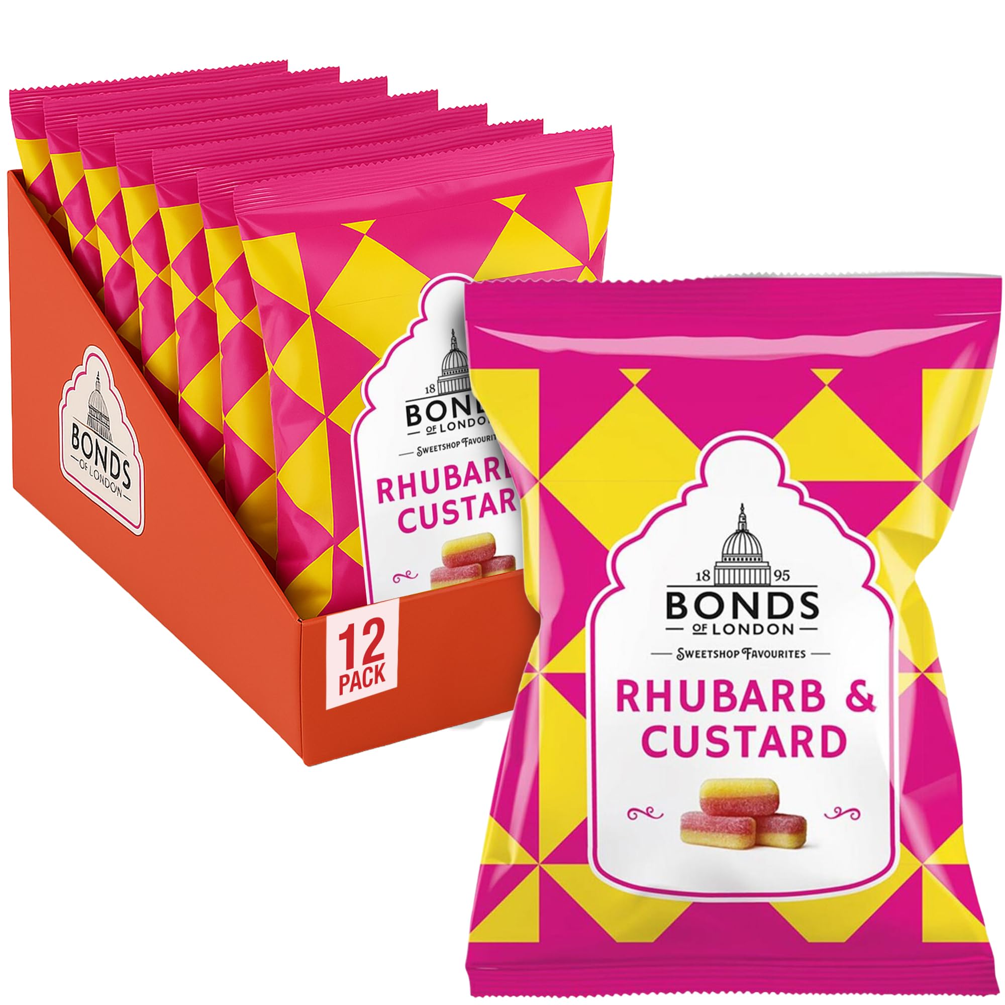 Bonds of London Rhubarb & Custard Boiled Sweets, Retro Gift Bags, Vegetarian Friendly, 130g (Pack of 12)