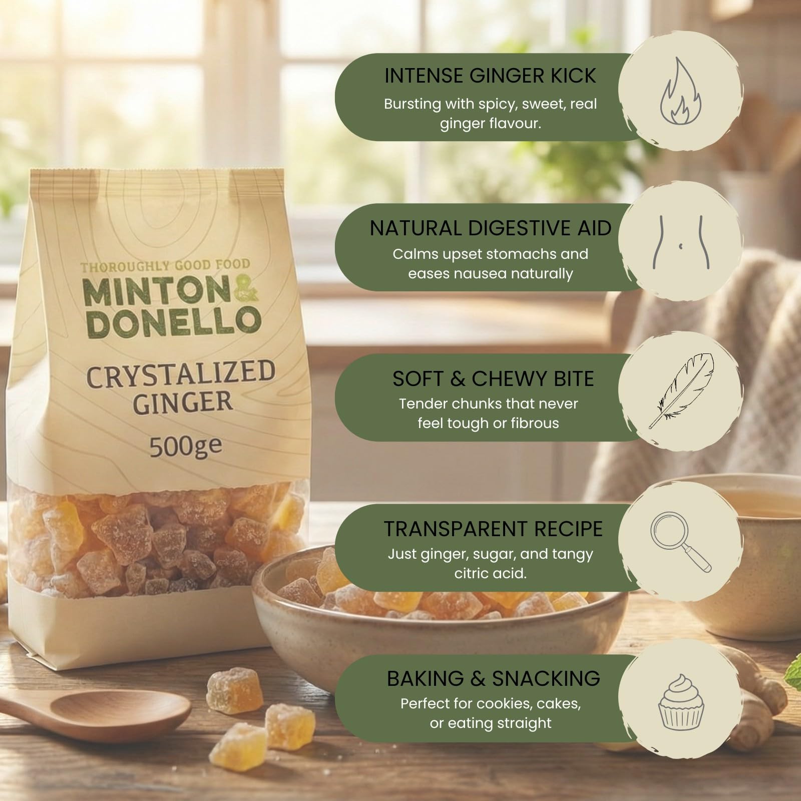 Minton & Donello Crystallised Ginger - Diced Sweet & Spicy Kick | 500g Pack 4