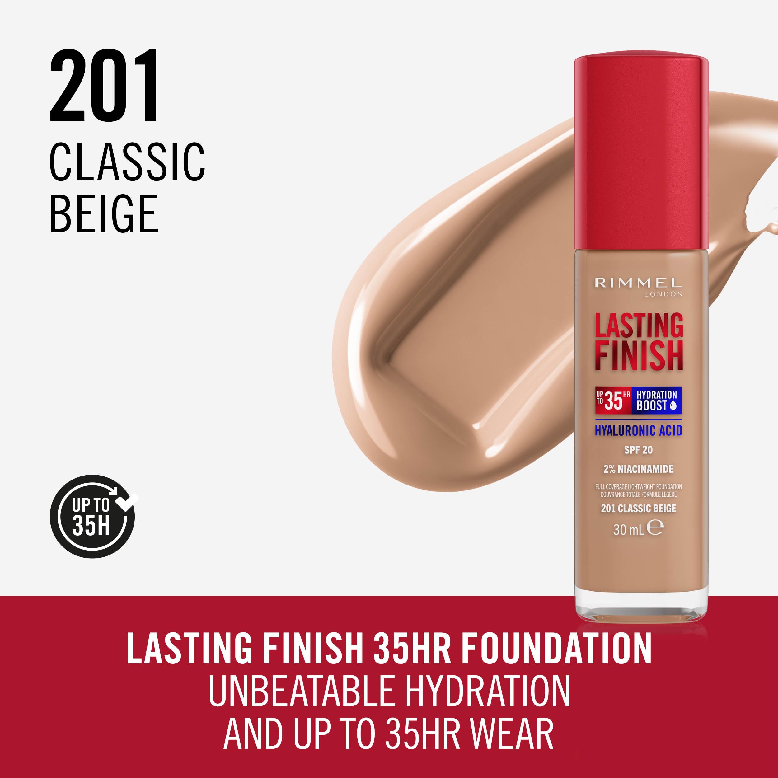 Rimmel Lasting Finish 35Hr Foundation - Full Coverage, Hydrating, SPF20, 30ml, 201 Classic Beige 2