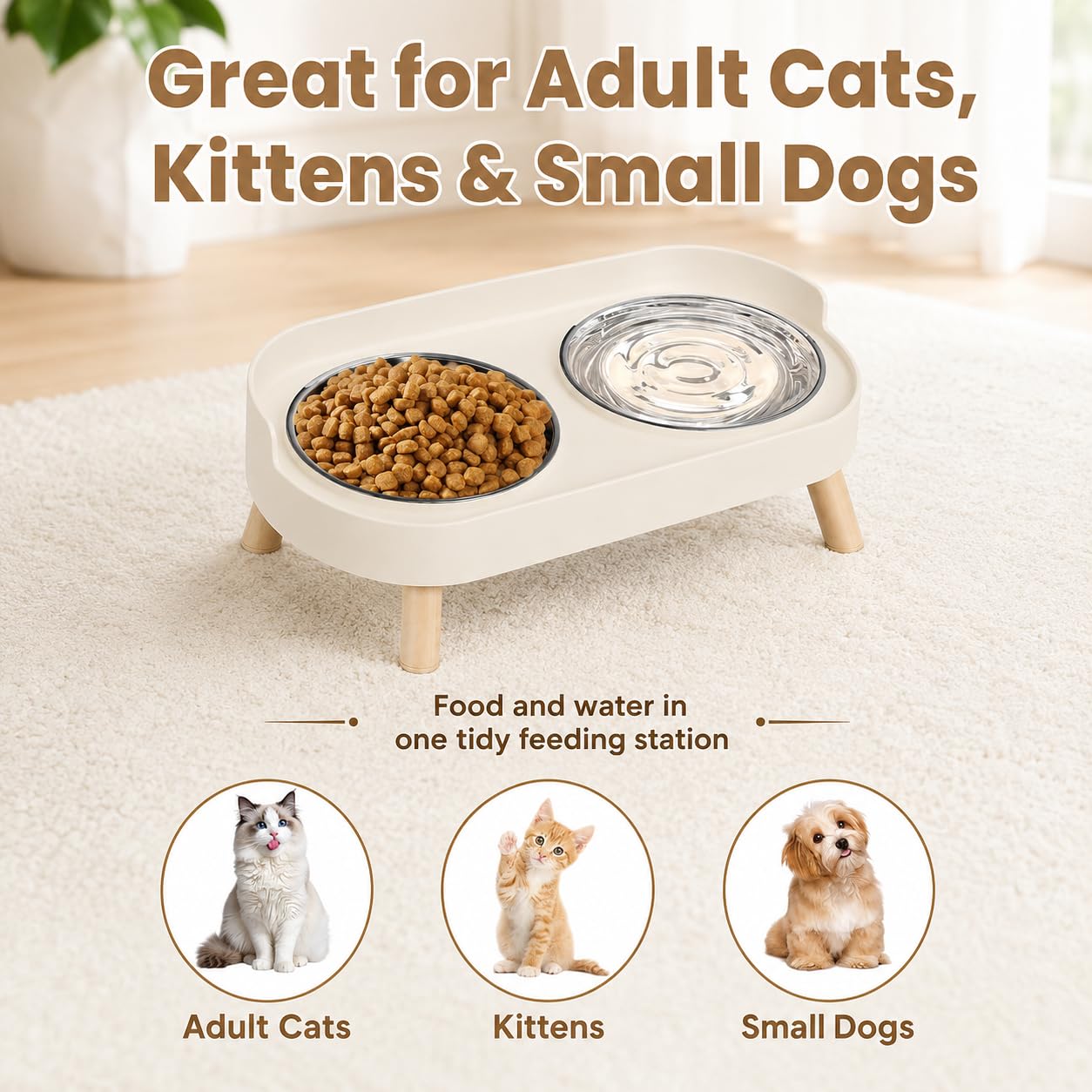 JADUFHU Raised Cat Food Bowls - Dual Stainless Steel Bowls, Splash Proof Design | White 7