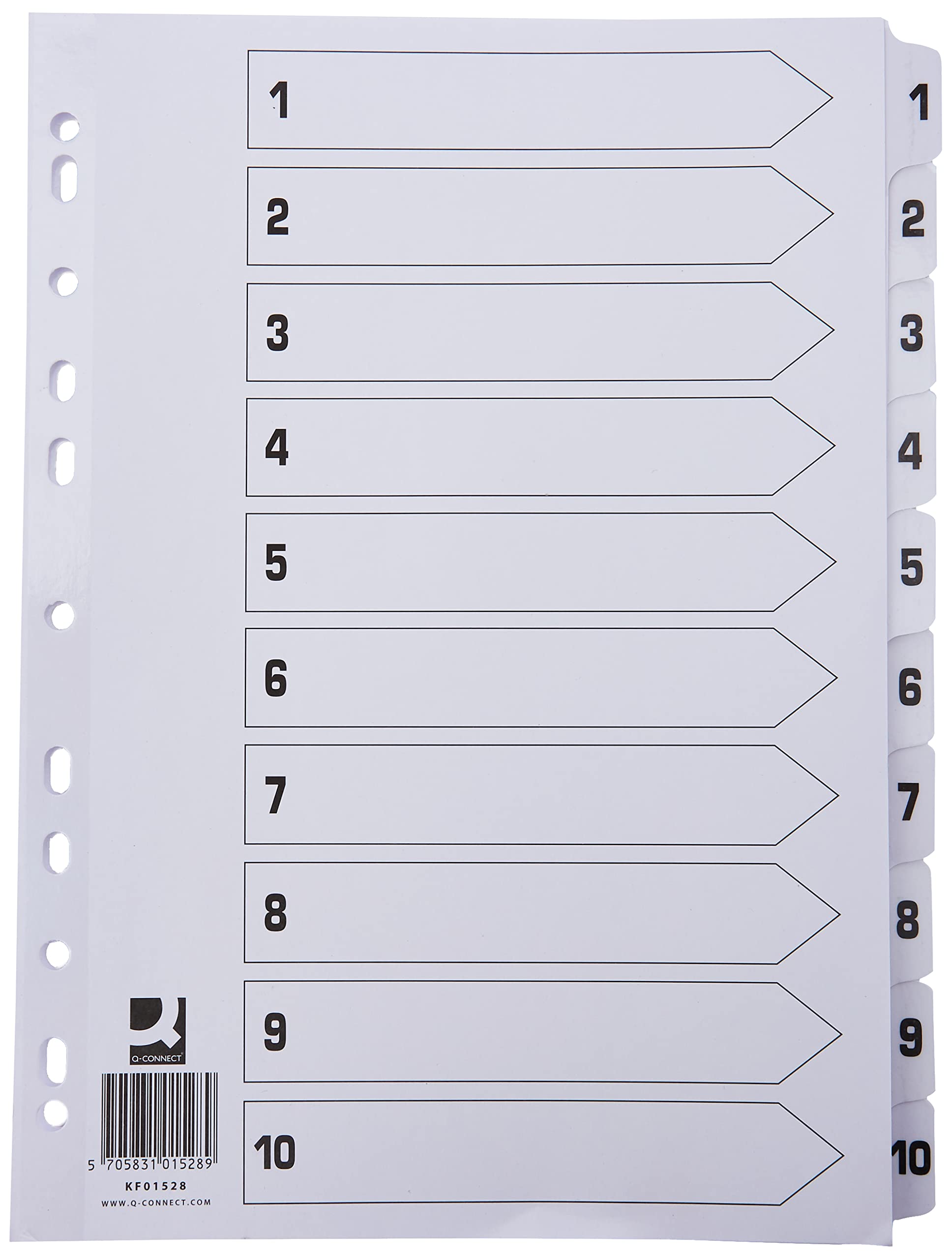 Q-Connect KF01528 A4 Index Divider Set - 1-10 Numbered Tabs, White Board, Clear Tabs | Multi-Punched