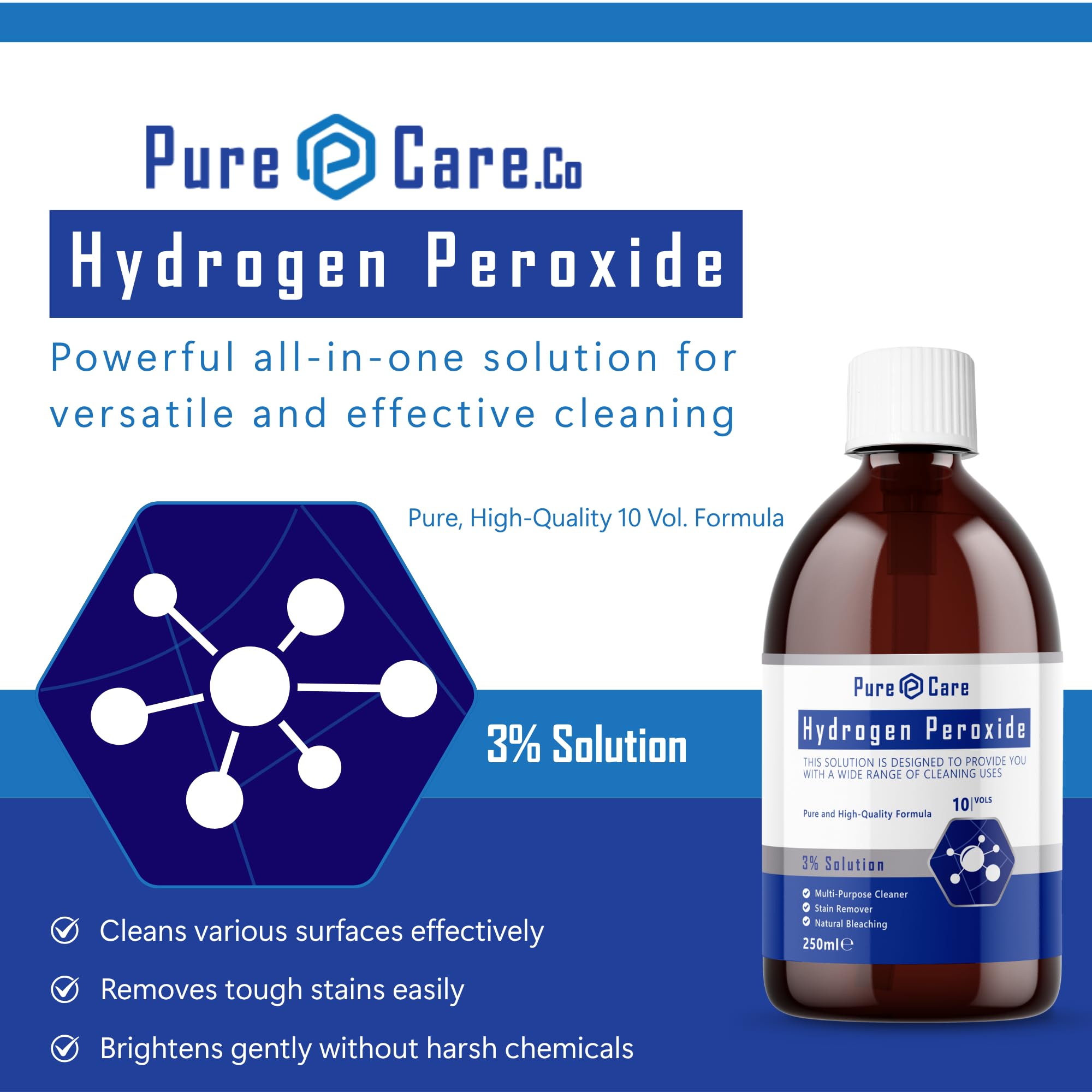 PureCare Hydrogen Peroxide 3% Solution - Multi-Purpose Cleaner & Stain Remover | 250ml Liquid 2