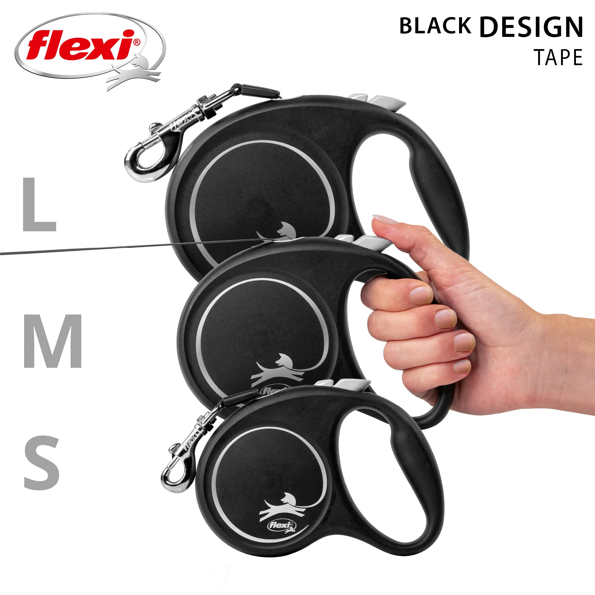 flexi Black Design Retractable Dog Leash - Tape Lead | Small Size | 5m Length | Black 5
