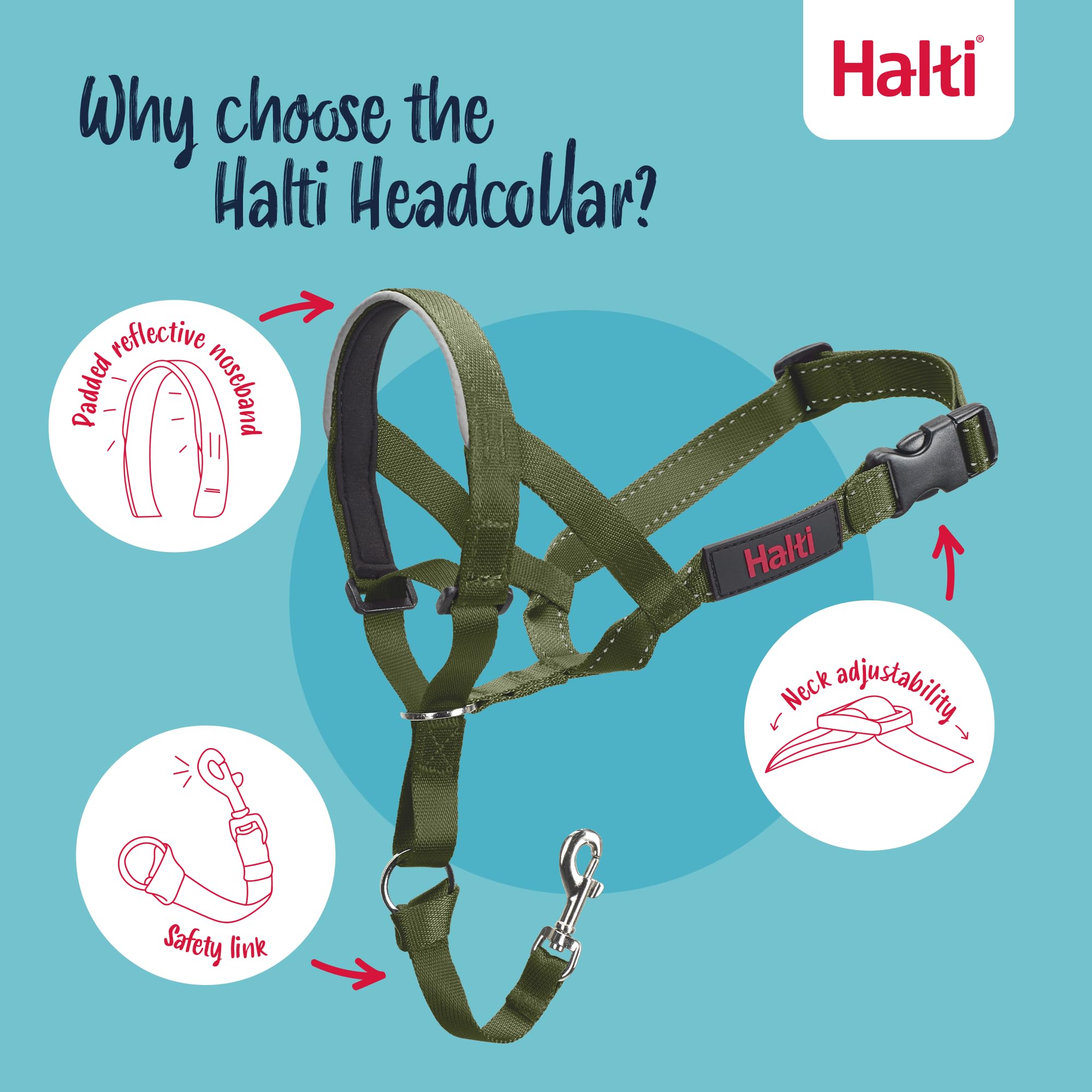 Halti Headcollar - Stops Pulling for Dogs | Size 3 | Forest Green | Reflective 3