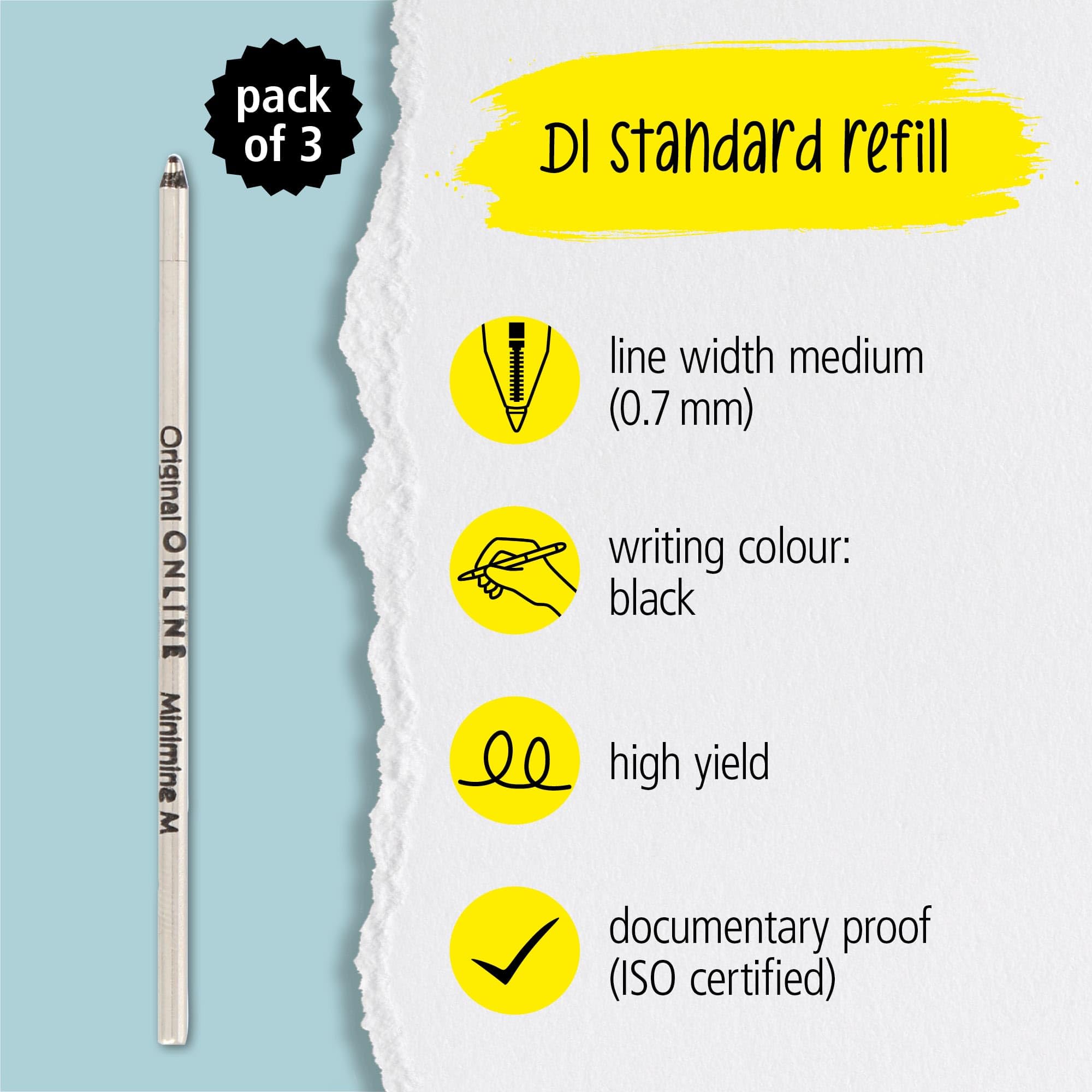 Online Ballpoint Pen Refill D1 Standard - Black Ink, Medium Point, 3 Pack | ISO 12757-2 DOC Certified