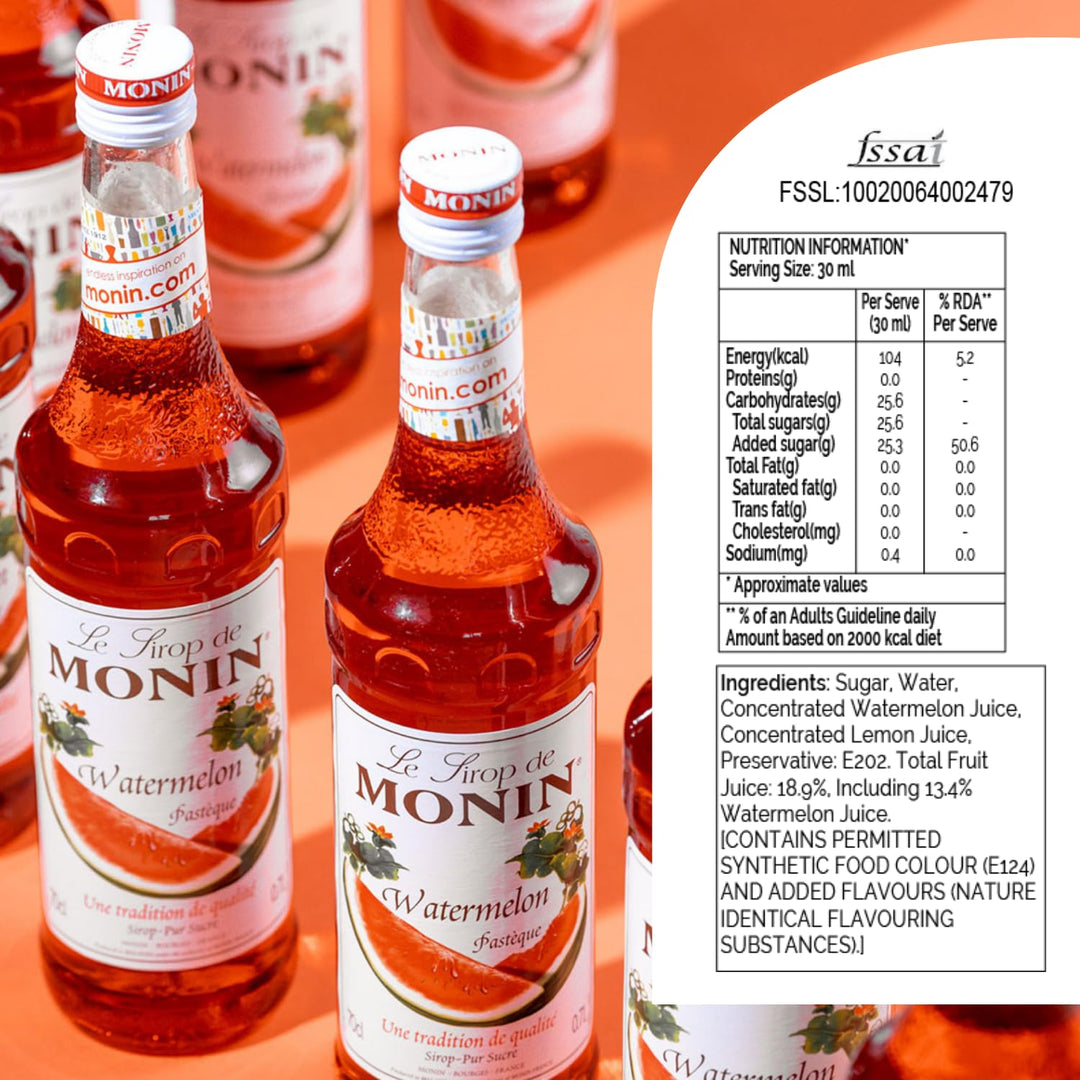 MONIN Watermelon Syrup 700ml - Vegan, Halal, Kosher - Natural Flavour, Allergen-Free Beverage Syrup