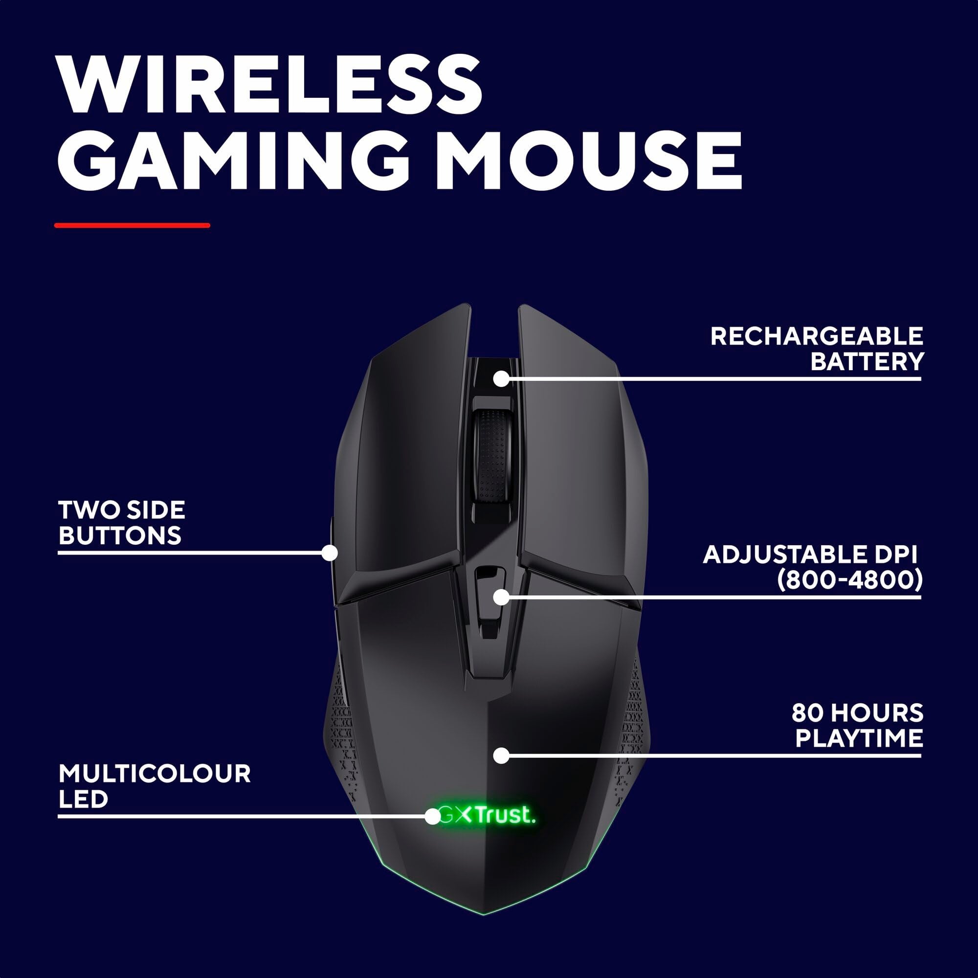 Trust Gaming GXTrust 1108 Vylax Wireless Gaming Mouse, 80h Battery, 800-4800 DPI, RGB LED, 6 Buttons, Rechargeable, Black 11