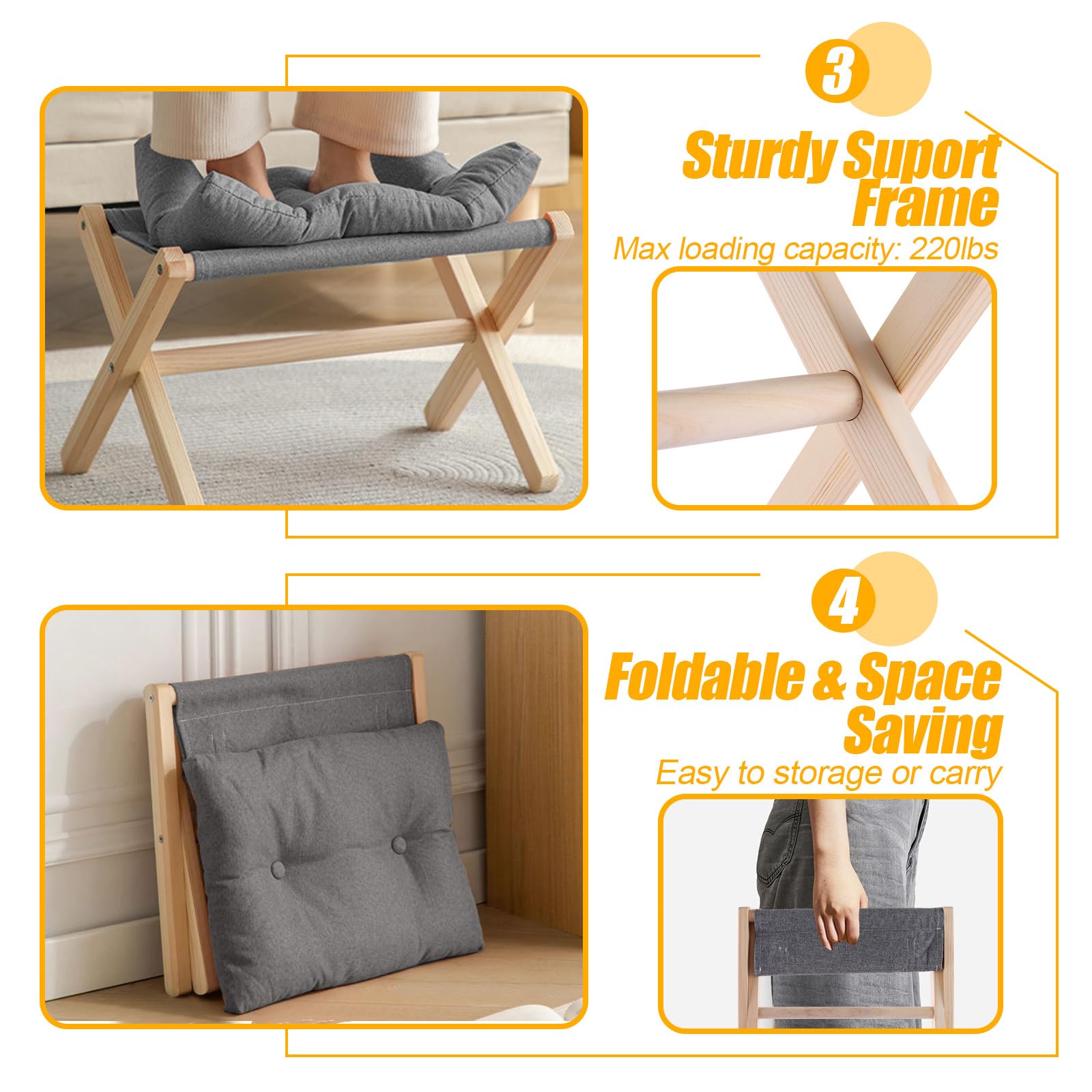 ASelected Wooden Folding Footstool with Soft Cushion | 45x33x33cm | Dark Grey 4